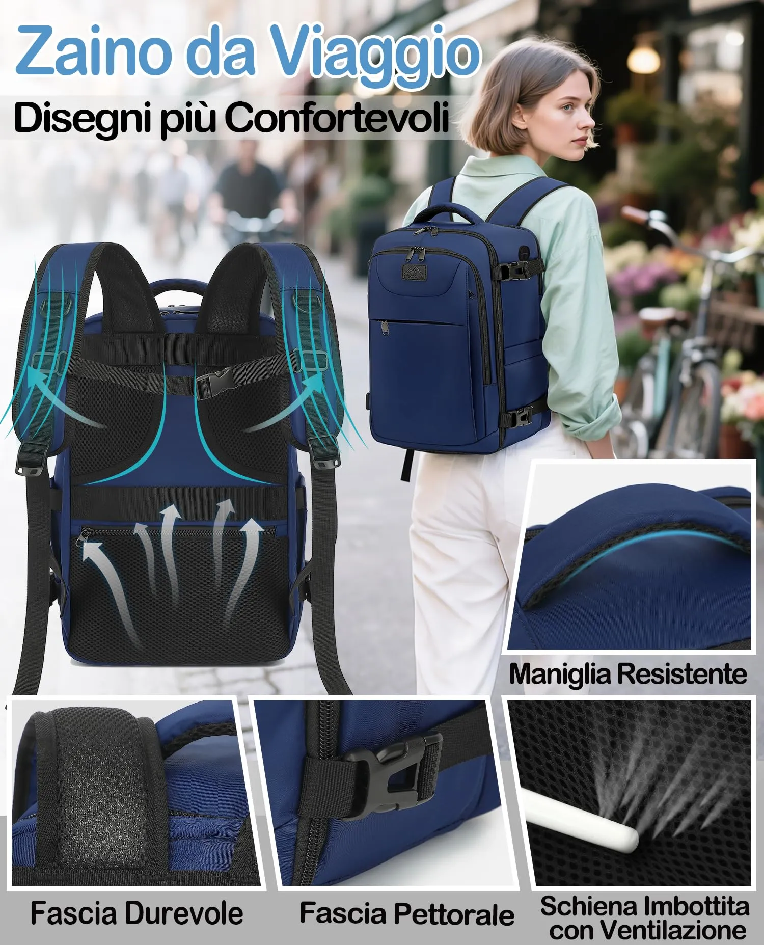 LYNXCHER Zaino da Viaggio Ryanair 40x20x25 cm, Bagaglio a Mano 20L con Porta PC 14 Pollici, Blu Scuro - immagine 5