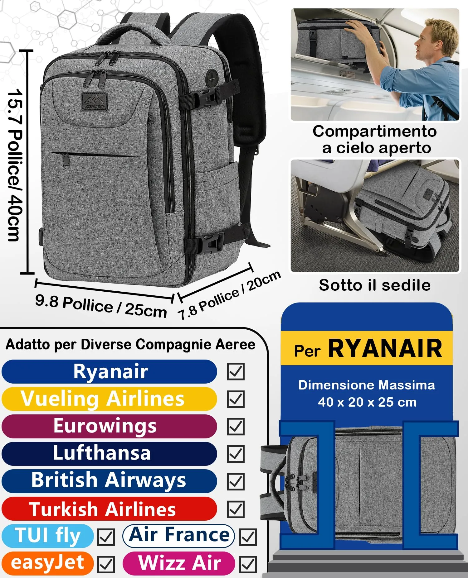 LYNXCHER Zaino da Viaggio Ryanair 40x20x25 cm 20L con Porta PC 14 Pollici, Grigio Chiaro - immagine 2