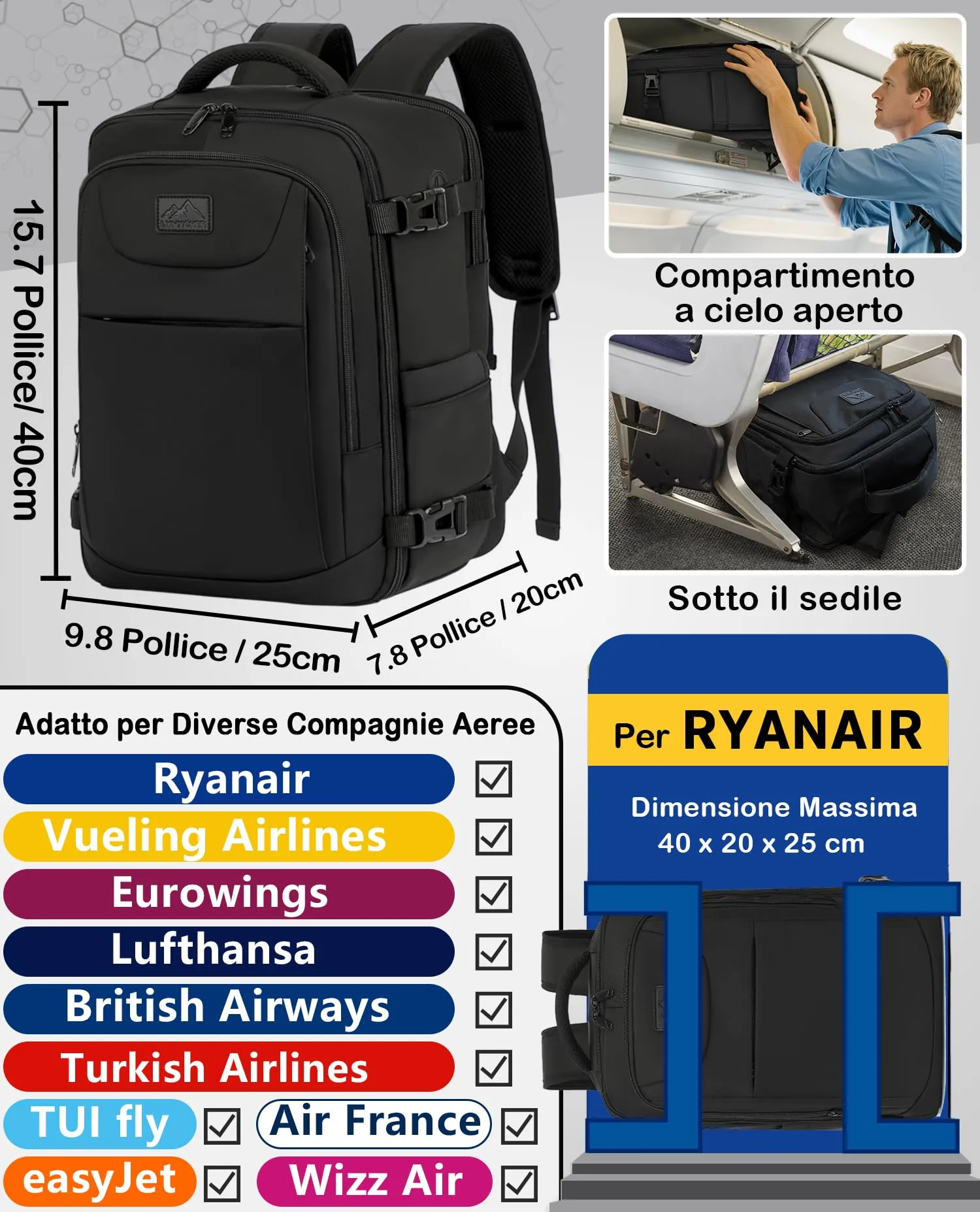 LYNXCHER Zaino da Viaggio 40x20x25 cm 20L per Ryanair Bagaglio a Mano Porta PC 14 Pollici Nero - immagine 2