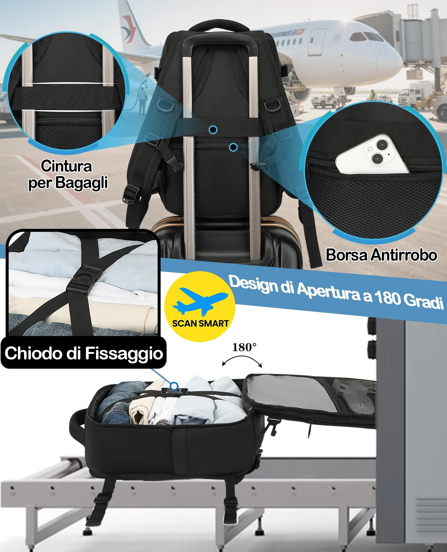 LYNXCHER Zaino da Viaggio 40x20x25 cm 20L per Ryanair Bagaglio a Mano Porta PC 14 Pollici Nero - immagine 3