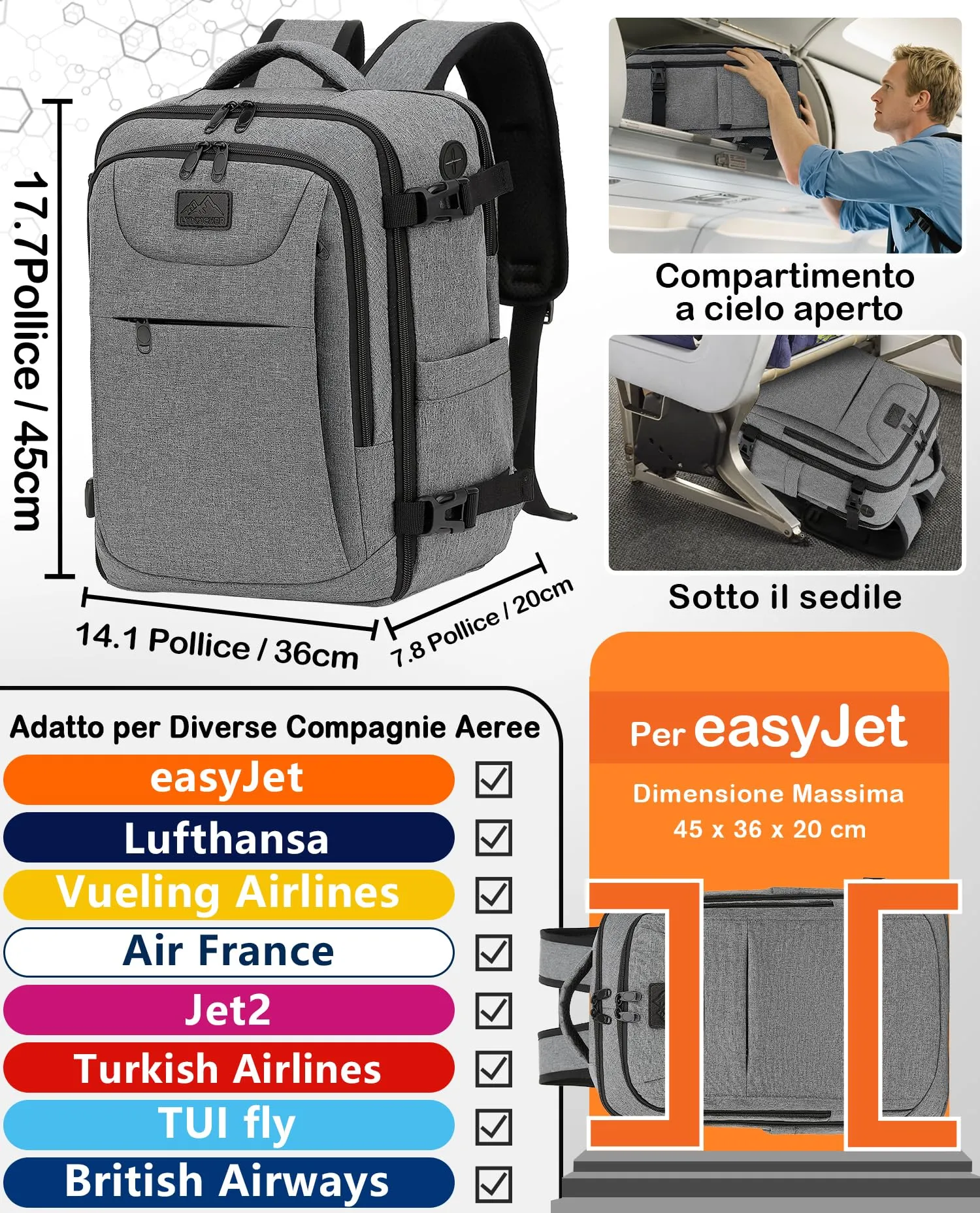 LYNXCHER Zaino da Viaggio 45x36x20 cm 30L, Bagaglio a Mano con Porta PC 15.6 Pollici, Grigio Chiaro - immagine 2