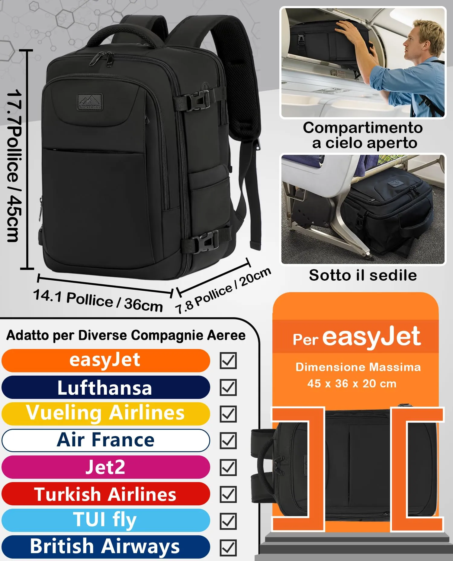 LYNXCHER Zaino da Viaggio 45x36x20 cm 30L per Easyjet e Bagaglio a Mano, Porta PC 15.6 Pollici, Nero - immagine 2
