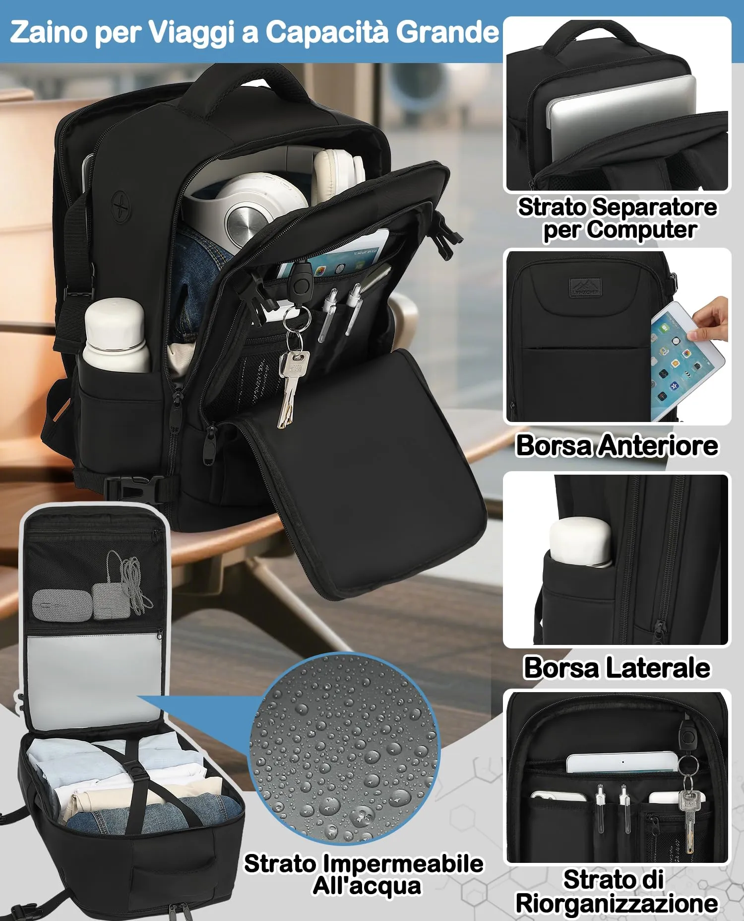LYNXCHER Zaino da Viaggio 45x36x20 cm 30L per Easyjet e Bagaglio a Mano, Porta PC 15.6 Pollici, Nero - immagine 4