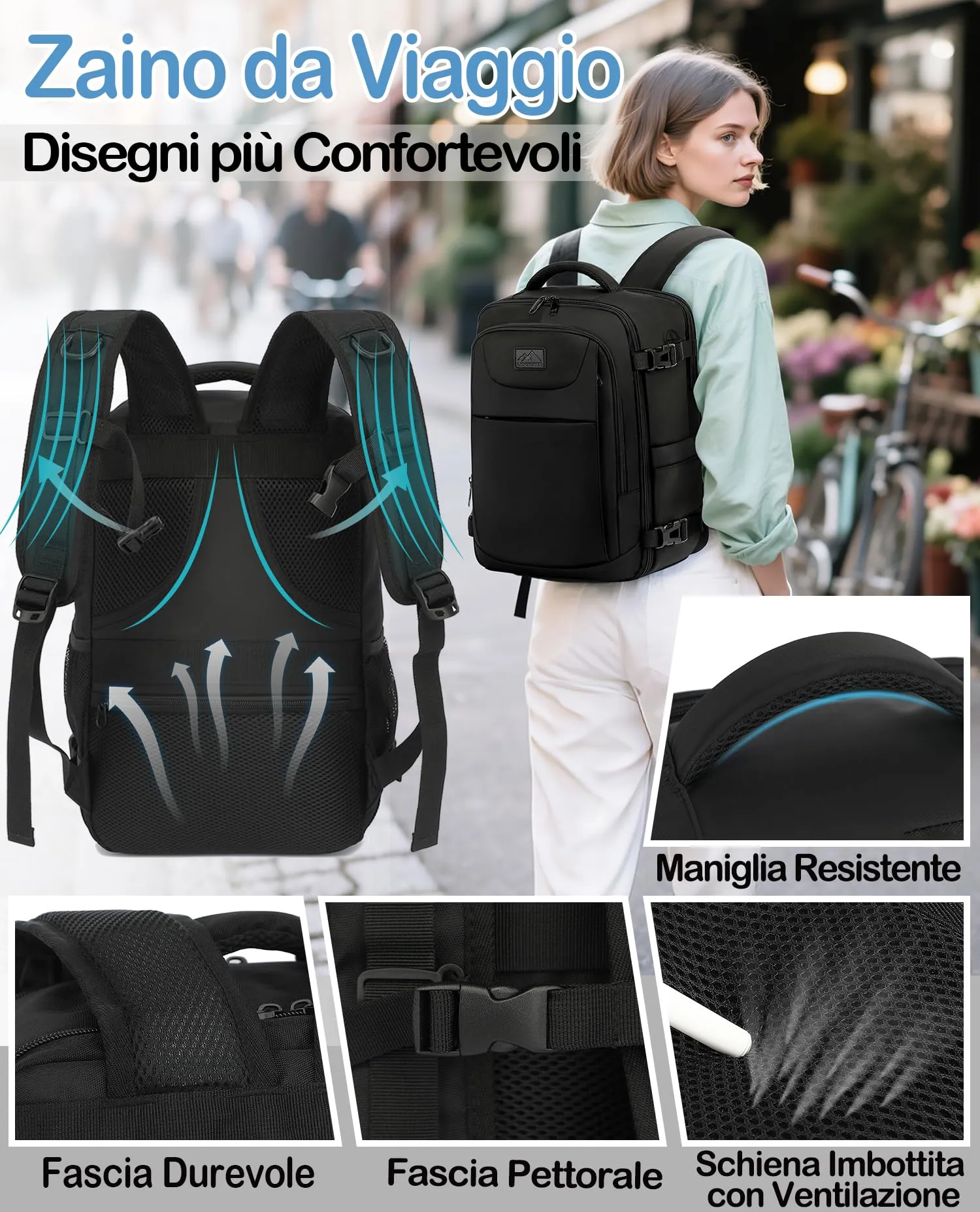 LYNXCHER Zaino da Viaggio 45x36x20 cm 30L per Easyjet e Bagaglio a Mano, Porta PC 15.6 Pollici, Nero - immagine 5
