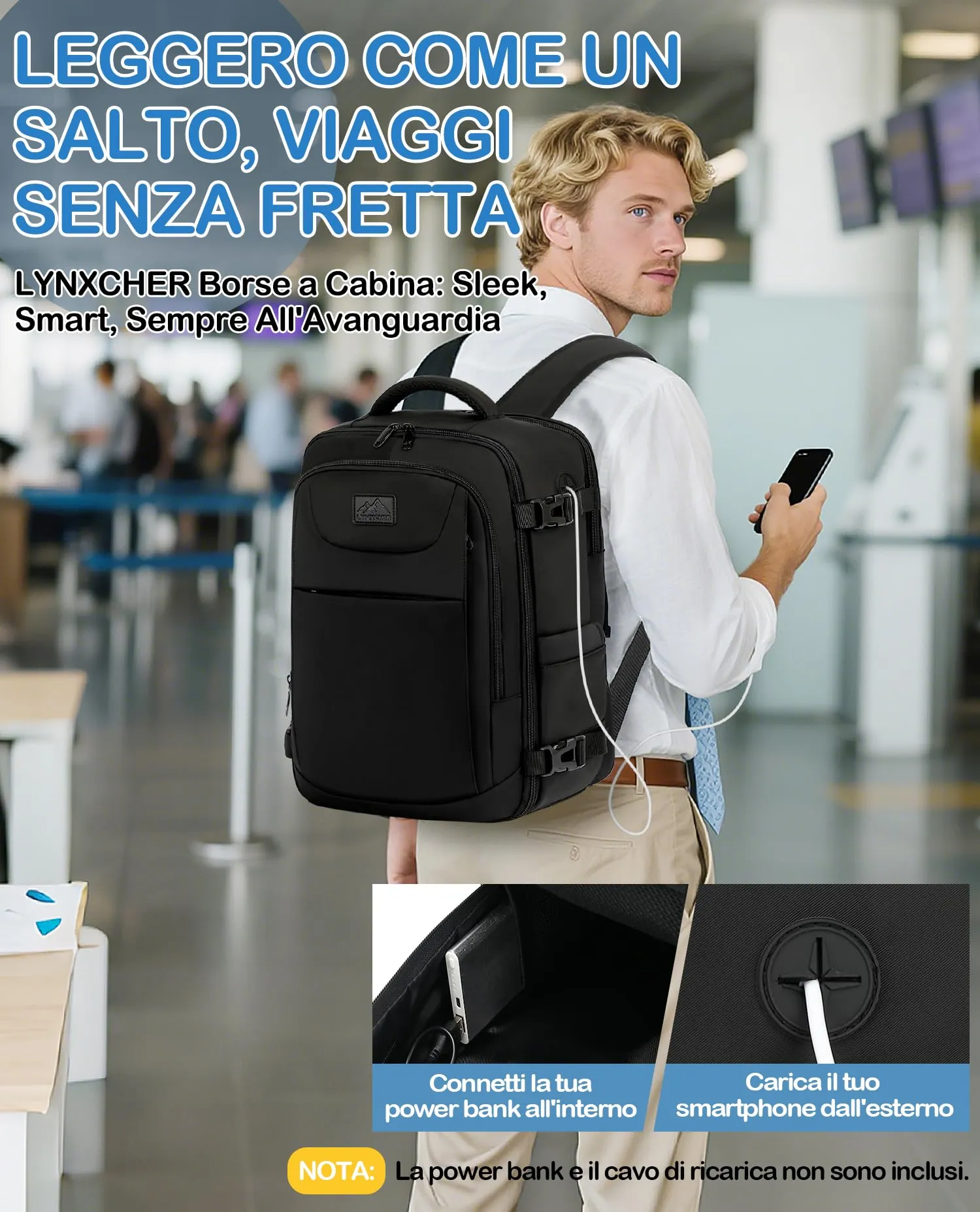 LYNXCHER Zaino da Viaggio 45x36x20 cm 30L per Easyjet e Bagaglio a Mano, Porta PC 15.6 Pollici, Nero - immagine 6