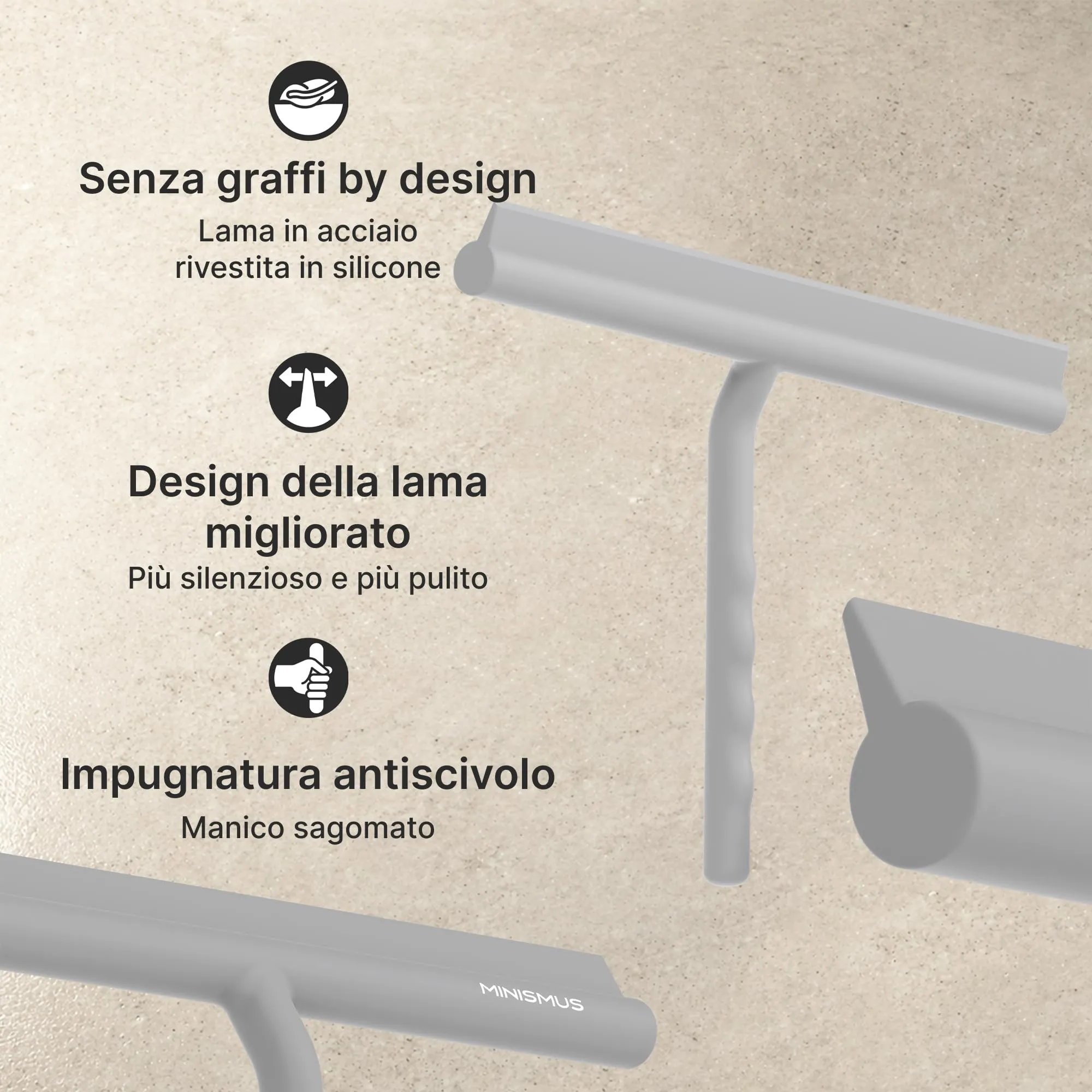Minismus Tergivetro in Silicone per Doccia, Vetri e Specchi con Supporto, Grigio, 28 cm - immagine 4