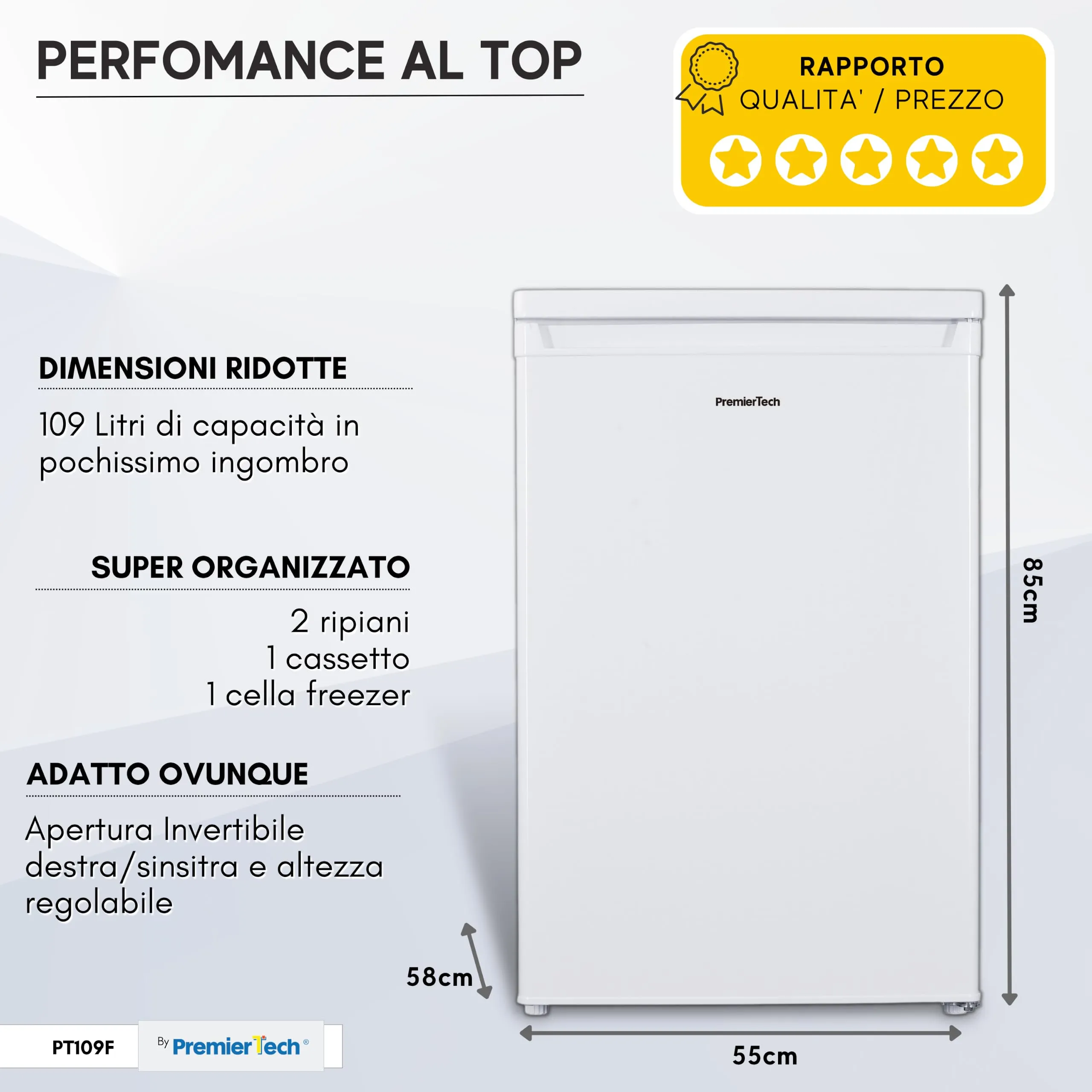 PremierTech Frigorifero con Congelatore Sottotavolo PT109F, 109 Litri, Bianco - immagine 7