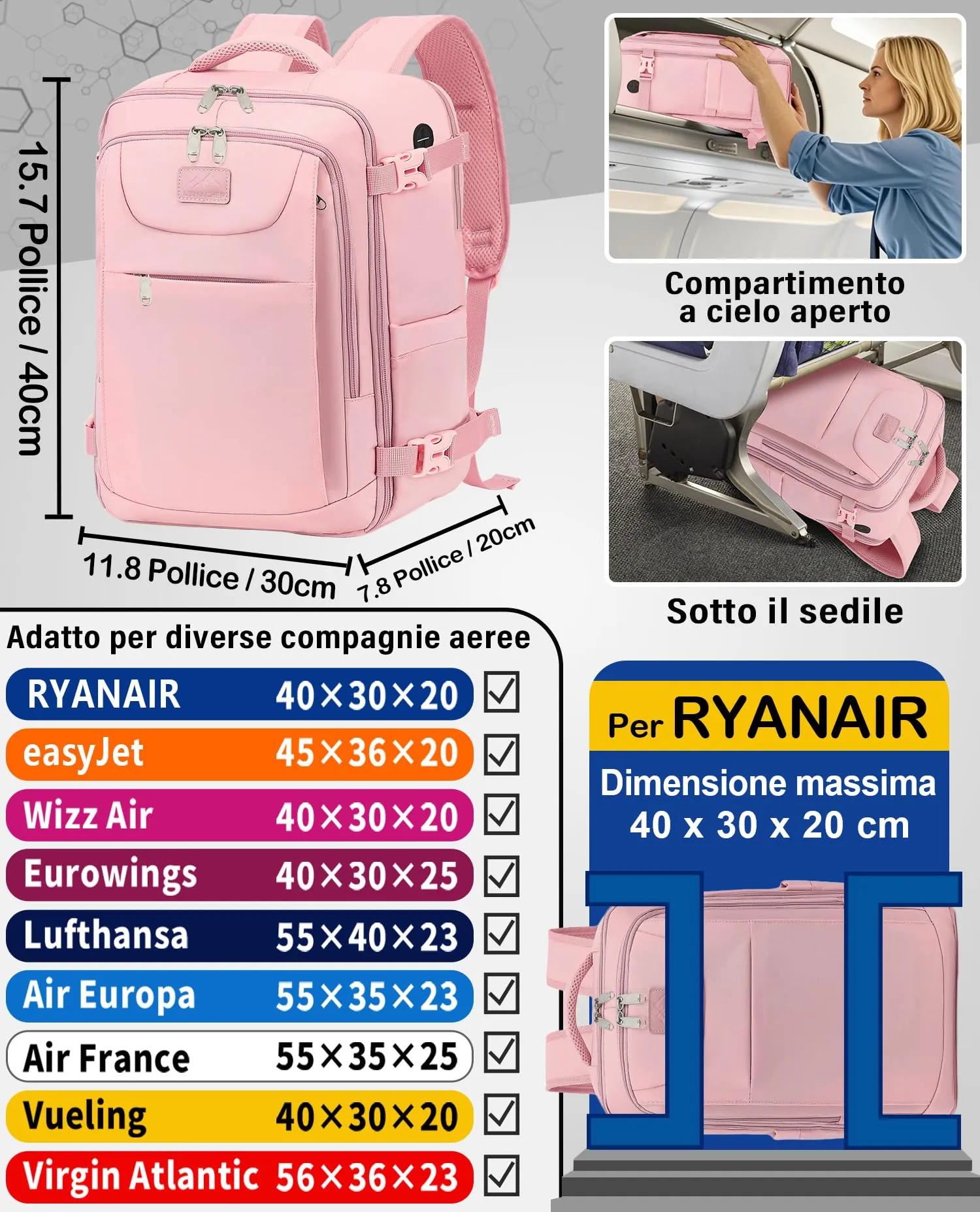 LYNXCHER Zaino Bagaglio a Mano 40x30x20 cm per Ryanair, EasyJet, Wizz Air, Eurowings, 24L con Scomparto Computer 15,6 Pollici, Rosa - immagine 2