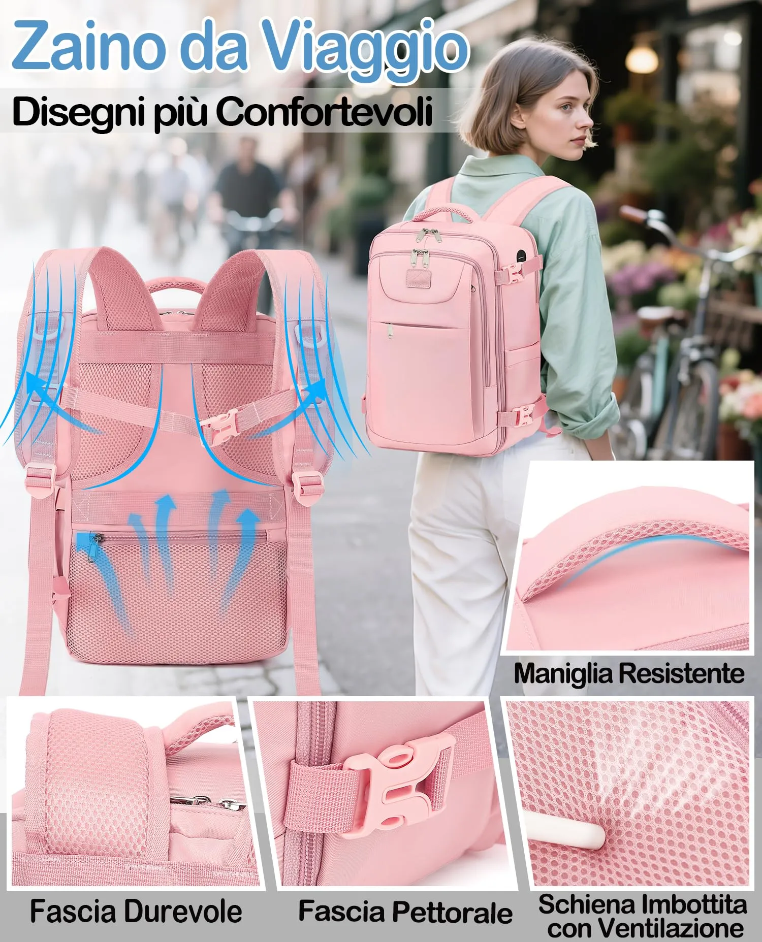 LYNXCHER Zaino Bagaglio a Mano 40x30x20 cm per Ryanair, EasyJet, Wizz Air, Eurowings, 24L con Scomparto Computer 15,6 Pollici, Rosa - immagine 5