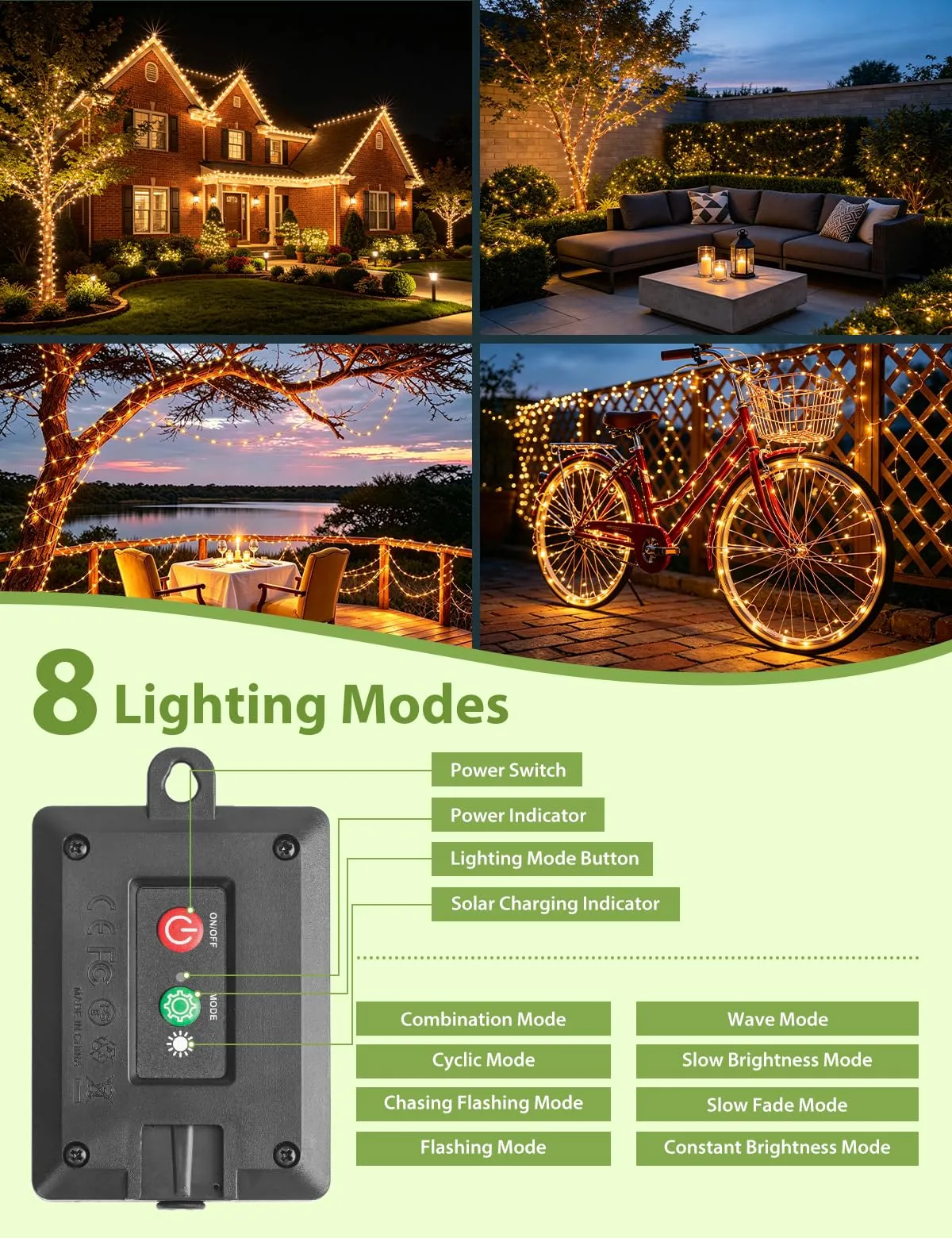 Giliwosy Luci Solari Esterno, Catena Luminosa 15+2M 150 LED, 8 Modalità, IP65 Impermeabili, Bianco Caldo (2 Pacchi) - immagine 4