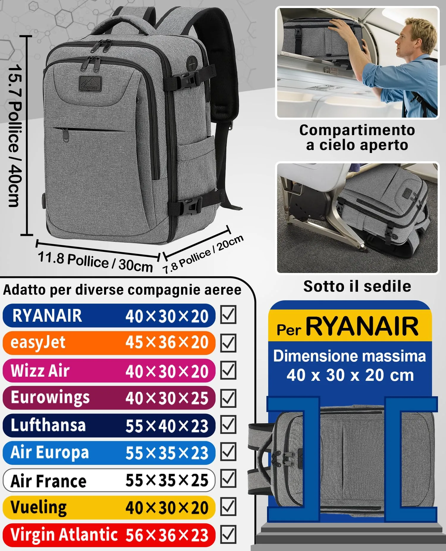 LYNXCHER Zaino Bagaglio a Mano 40x30x20 per Ryanair, EasyJet, Wizz Air, Eurowings, 24L con Porta Computer 15,6 Pollici, Grigio Chiaro - immagine 2