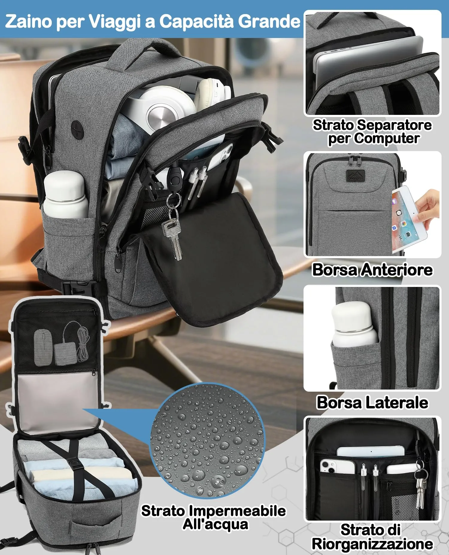 LYNXCHER Zaino Bagaglio a Mano 40x30x20 per Ryanair, EasyJet, Wizz Air, Eurowings, 24L con Porta Computer 15,6 Pollici, Grigio Chiaro - immagine 4