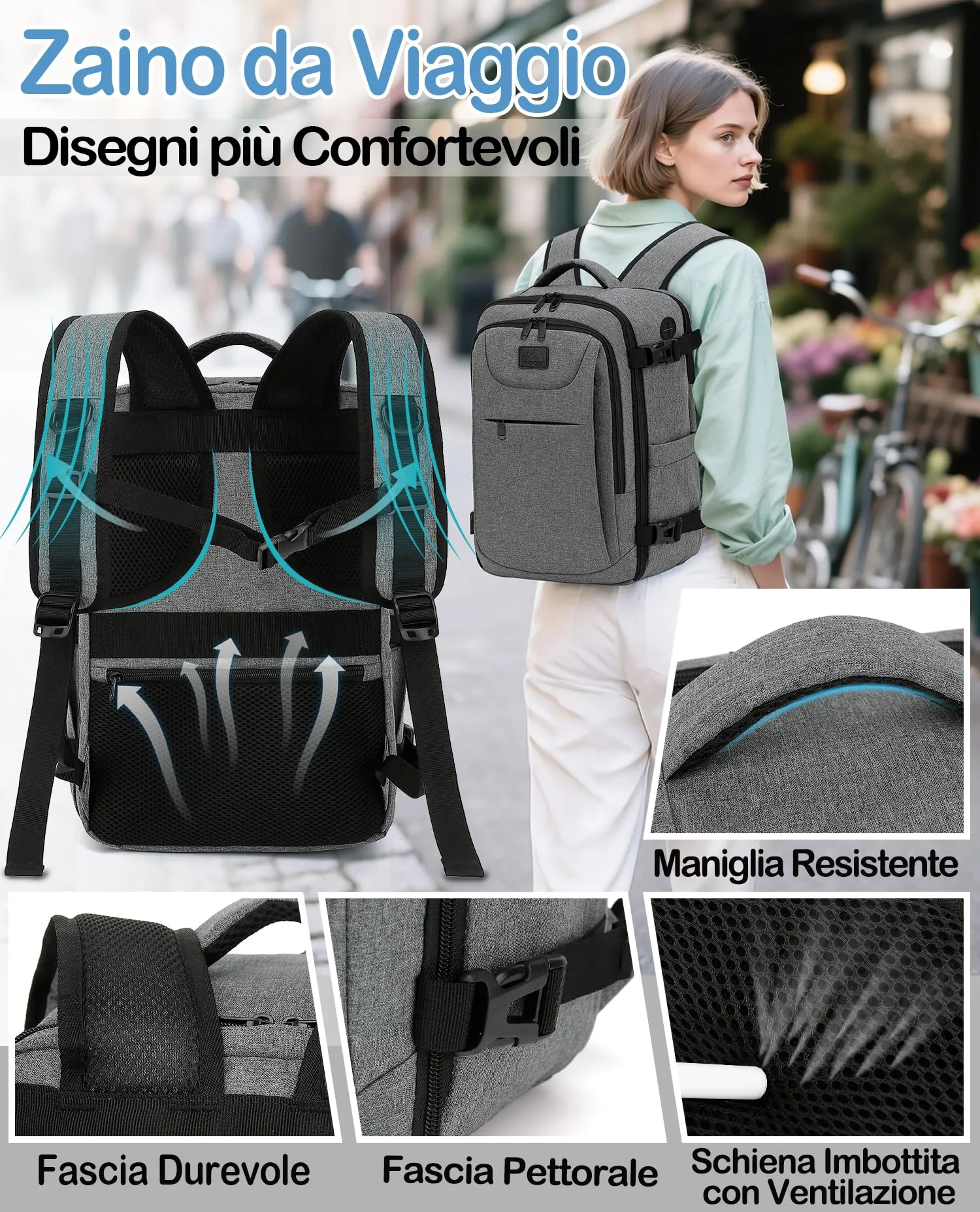 LYNXCHER Zaino Bagaglio a Mano 40x30x20 per Ryanair, EasyJet, Wizz Air, Eurowings, 24L con Porta Computer 15,6 Pollici, Grigio Chiaro - immagine 5