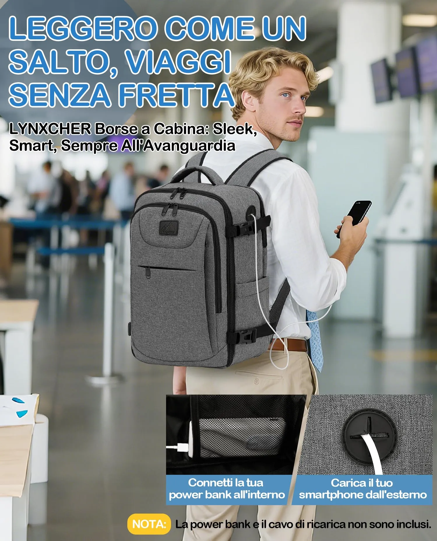 LYNXCHER Zaino Bagaglio a Mano 40x30x20 per Ryanair, EasyJet, Wizz Air, Eurowings, 24L con Porta Computer 15,6 Pollici, Grigio Chiaro - immagine 6