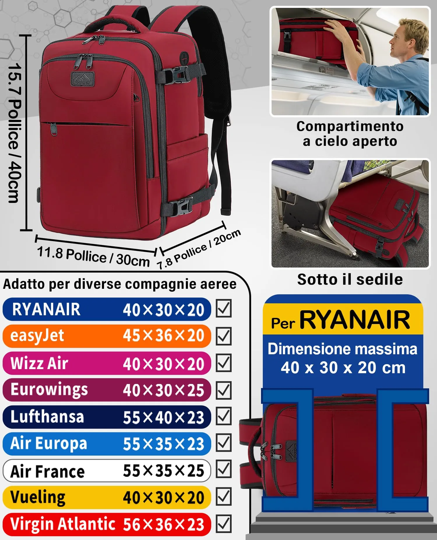 LYNXCHER Zaino Bagaglio a Mano 40x30x20 per Ryanair, EasyJet, Wizz Air, Eurowings, 24L, Porta Computer 15,6 Pollici, Rosso Scuro - immagine 2