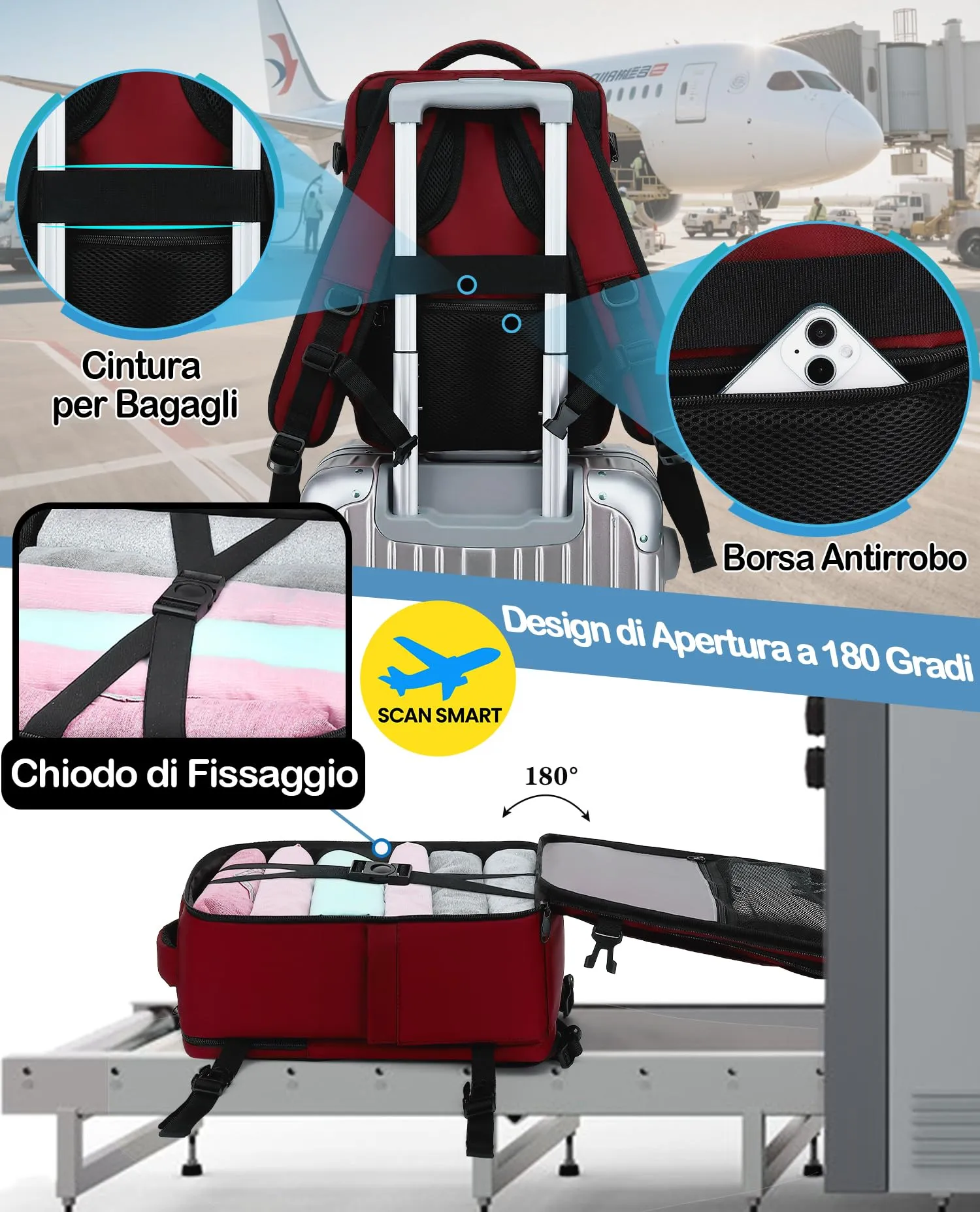 LYNXCHER Zaino Bagaglio a Mano 40x30x20 per Ryanair, EasyJet, Wizz Air, Eurowings, 24L, Porta Computer 15,6 Pollici, Rosso Scuro - immagine 3