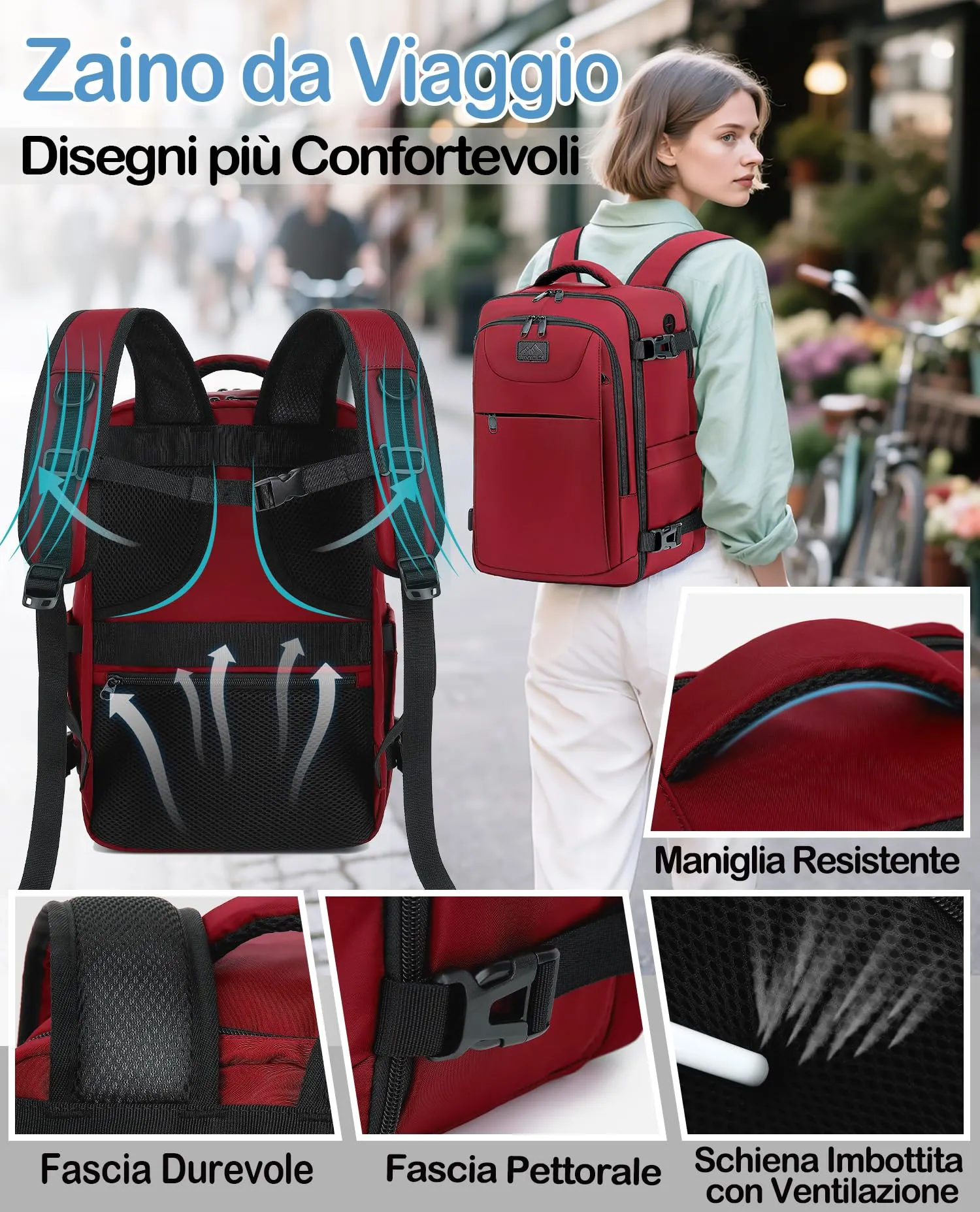 LYNXCHER Zaino Bagaglio a Mano 40x30x20 per Ryanair, EasyJet, Wizz Air, Eurowings, 24L, Porta Computer 15,6 Pollici, Rosso Scuro - immagine 5