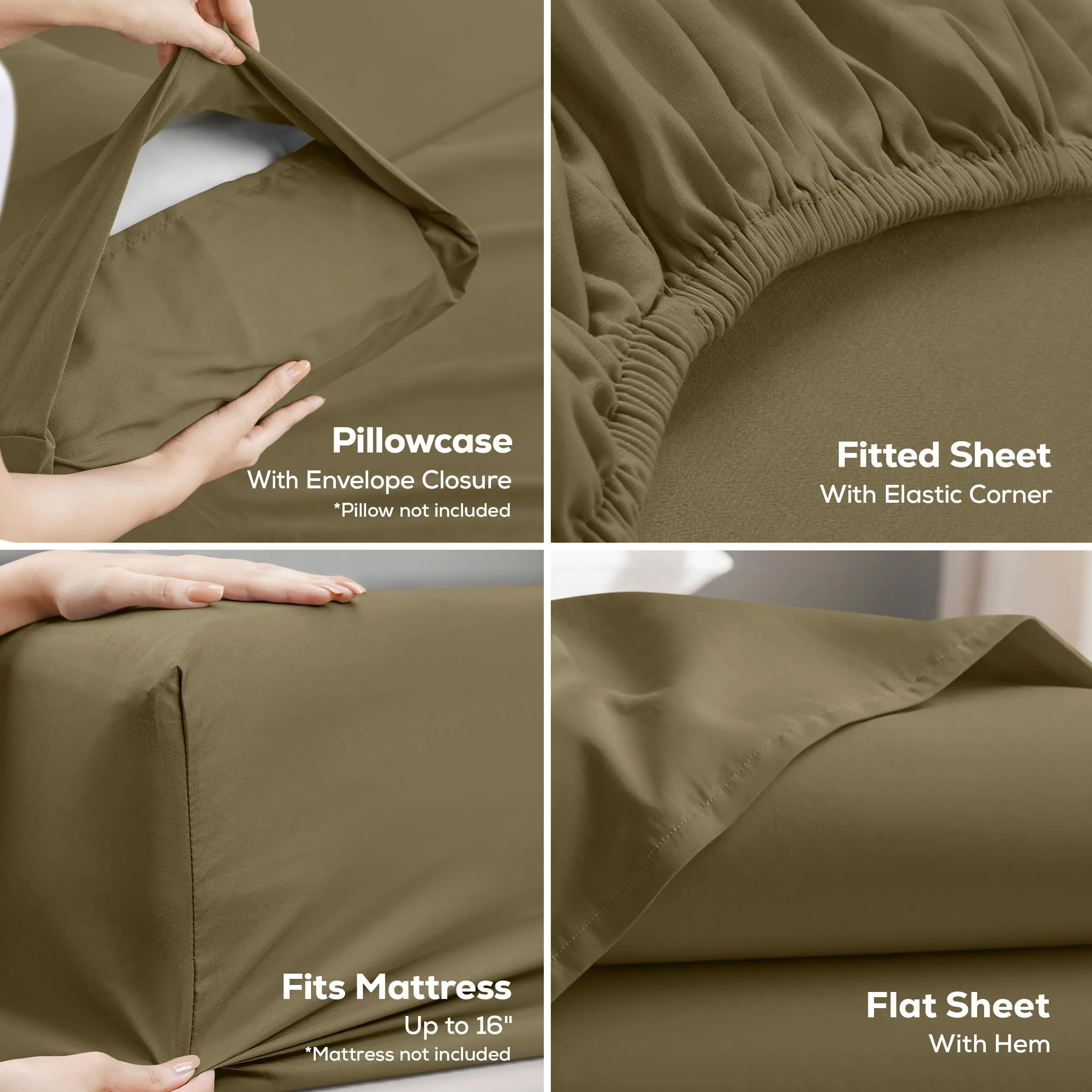 Utopia Bedding Set di Lenzuola in Microfibra Spazzolata, 4 Pezzi, Misura King, Verde Oliva - immagine 3
