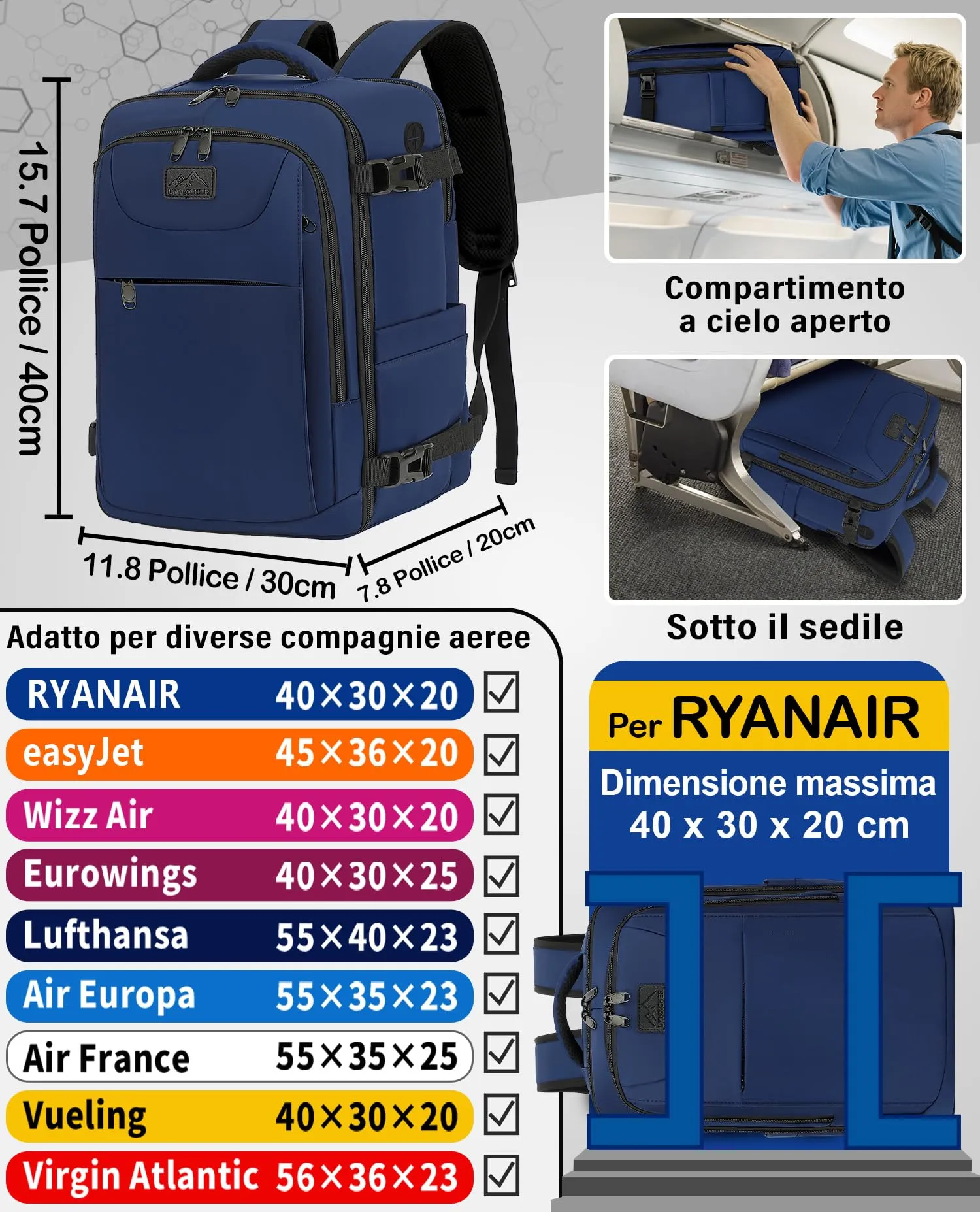LYNXCHER Zaino Bagaglio a Mano 40x30x20 cm per Ryanair, EasyJet, Wizz Air, Eurowings, 24L con Scomparto Computer 15,6 Pollici, Blu Scuro - immagine 2