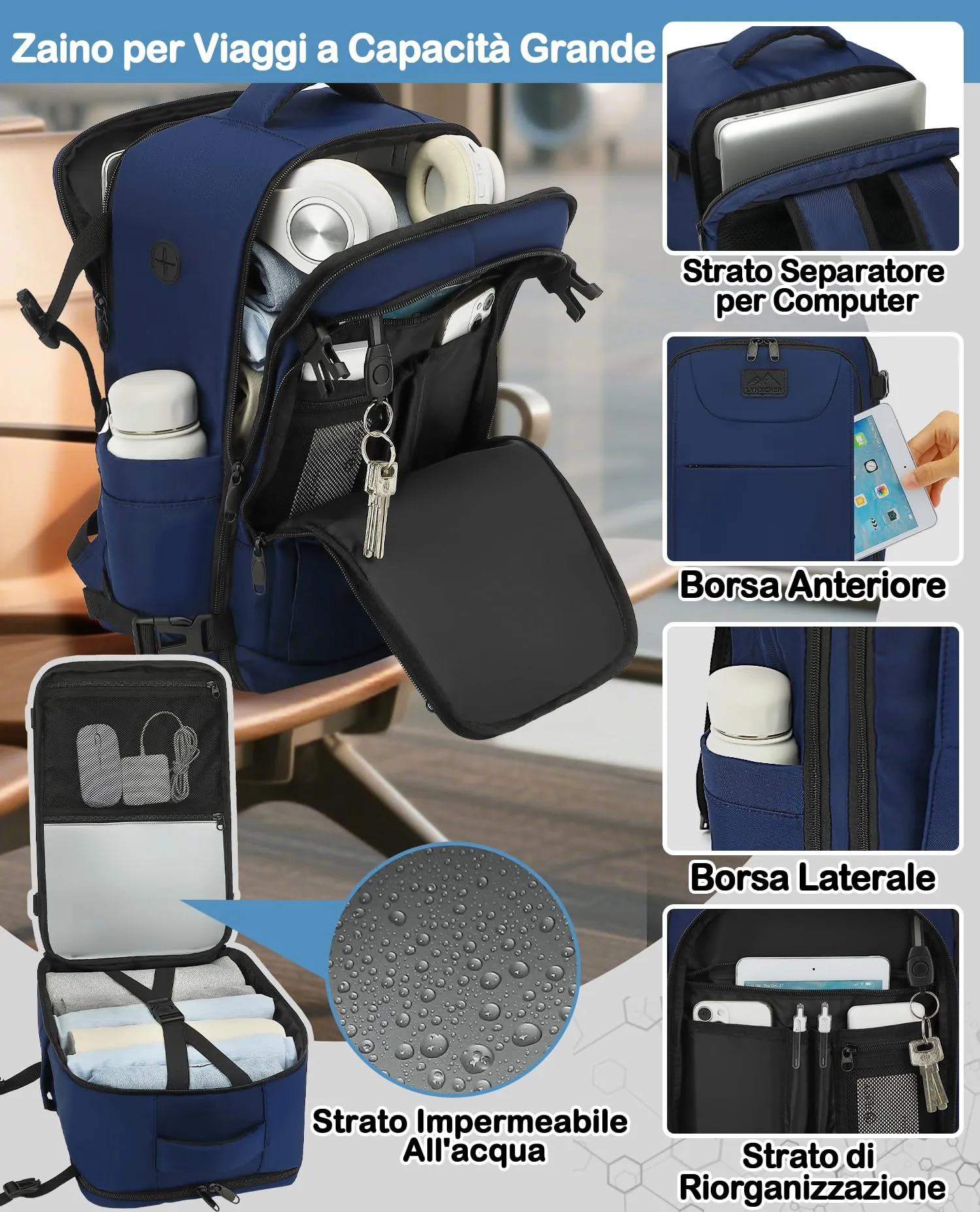 LYNXCHER Zaino Bagaglio a Mano 40x30x20 cm per Ryanair, EasyJet, Wizz Air, Eurowings, 24L con Scomparto Computer 15,6 Pollici, Blu Scuro - immagine 4