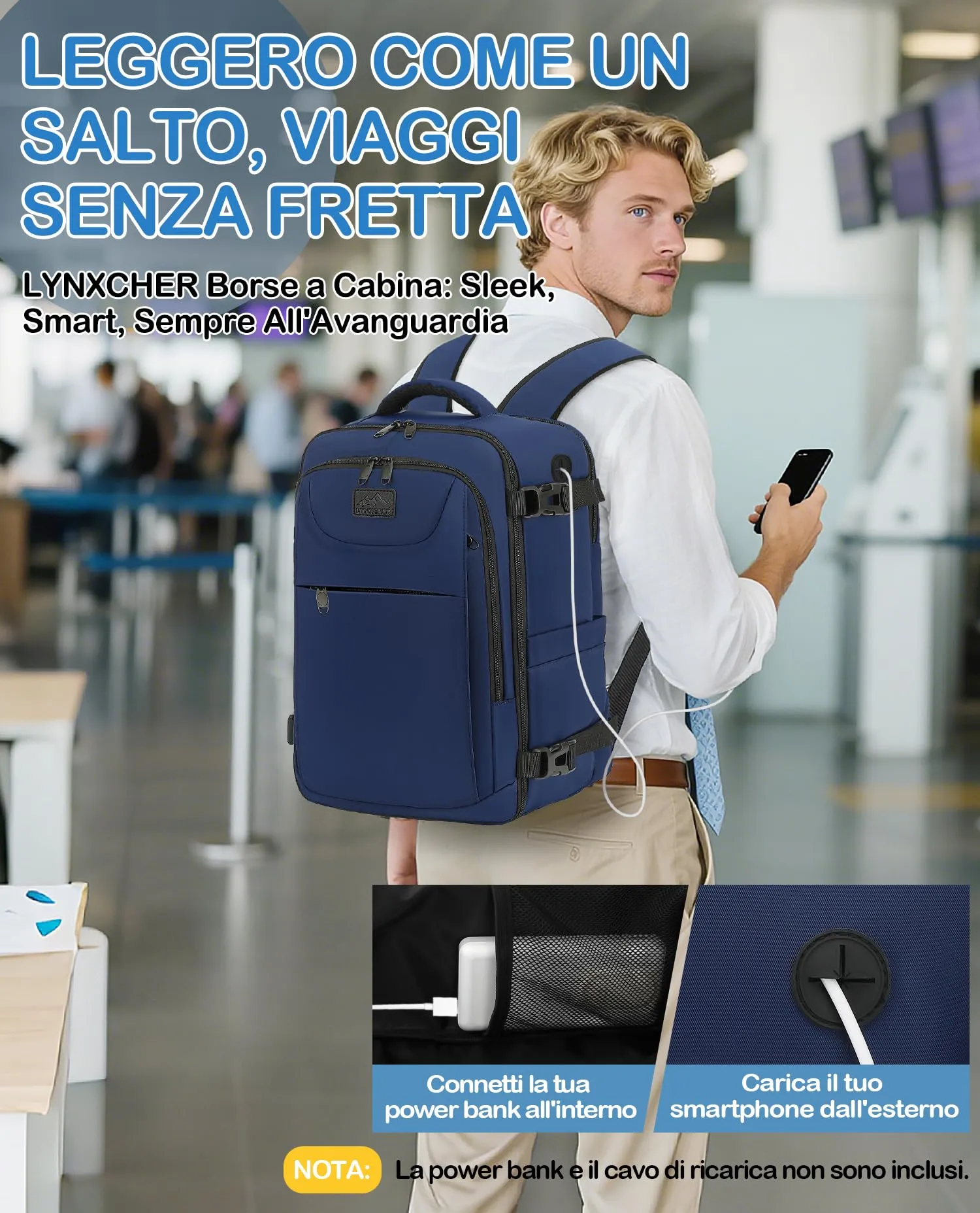 LYNXCHER Zaino Bagaglio a Mano 40x30x20 cm per Ryanair, EasyJet, Wizz Air, Eurowings, 24L con Scomparto Computer 15,6 Pollici, Blu Scuro - immagine 6