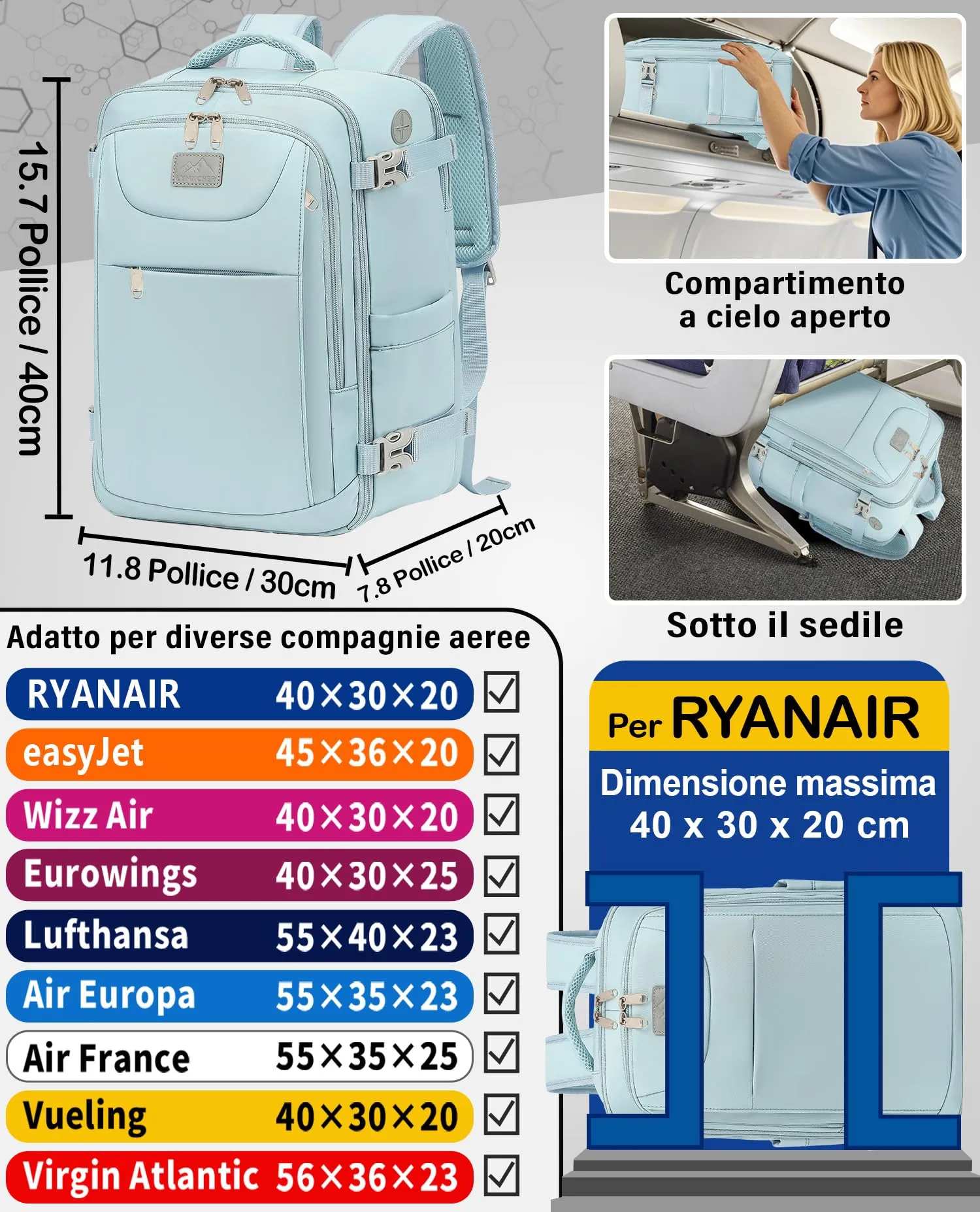 LYNXCHER Zaino Bagaglio a Mano 40x30x20 per Ryanair EasyJet Wizz Air Eurowings, 24L con Scomparto Computer 15,6 Pollici, Blu Chiaro - immagine 2