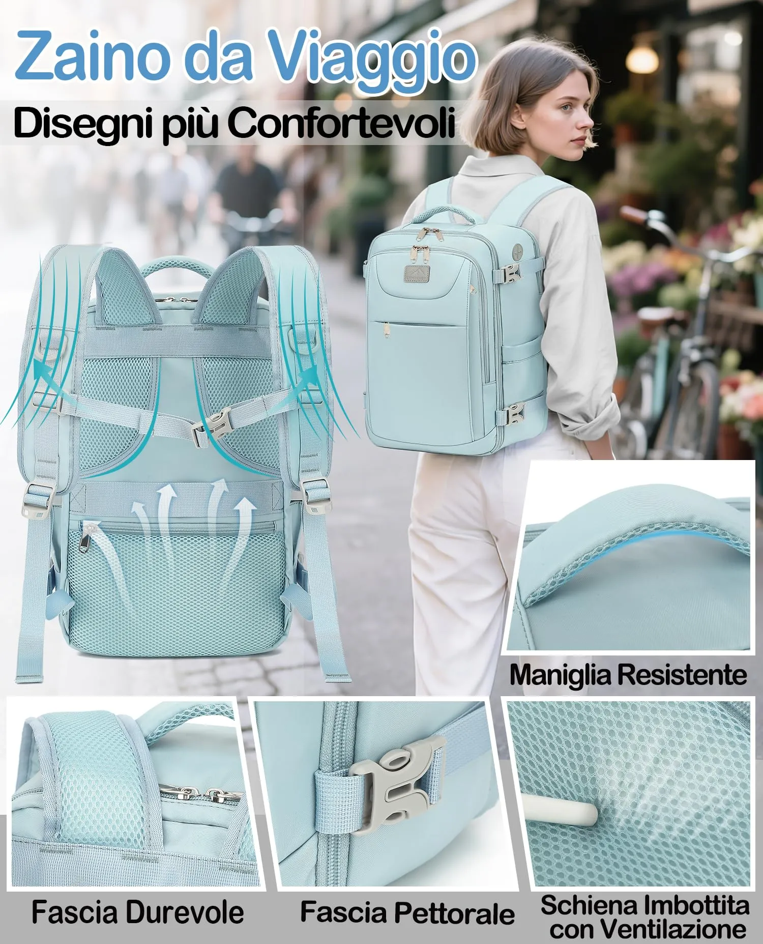 LYNXCHER Zaino Bagaglio a Mano 40x30x20 per Ryanair EasyJet Wizz Air Eurowings, 24L con Scomparto Computer 15,6 Pollici, Blu Chiaro - immagine 5