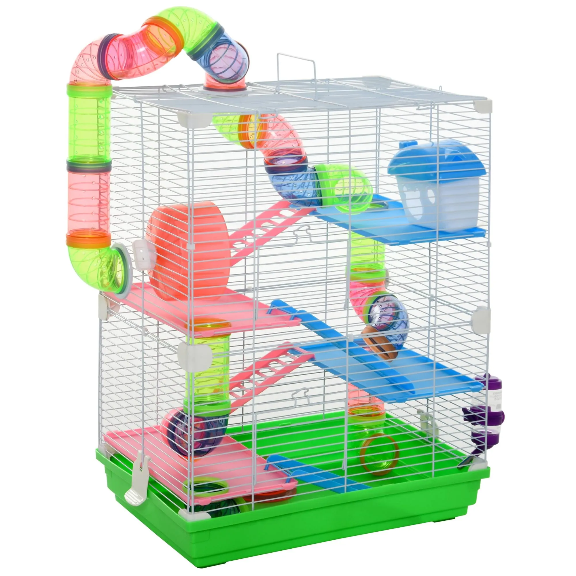 PawHut Gabbia per Criceti a 5 Livelli con Tubi e Ruota, 46x30x58 cm, Verde - immagine 1