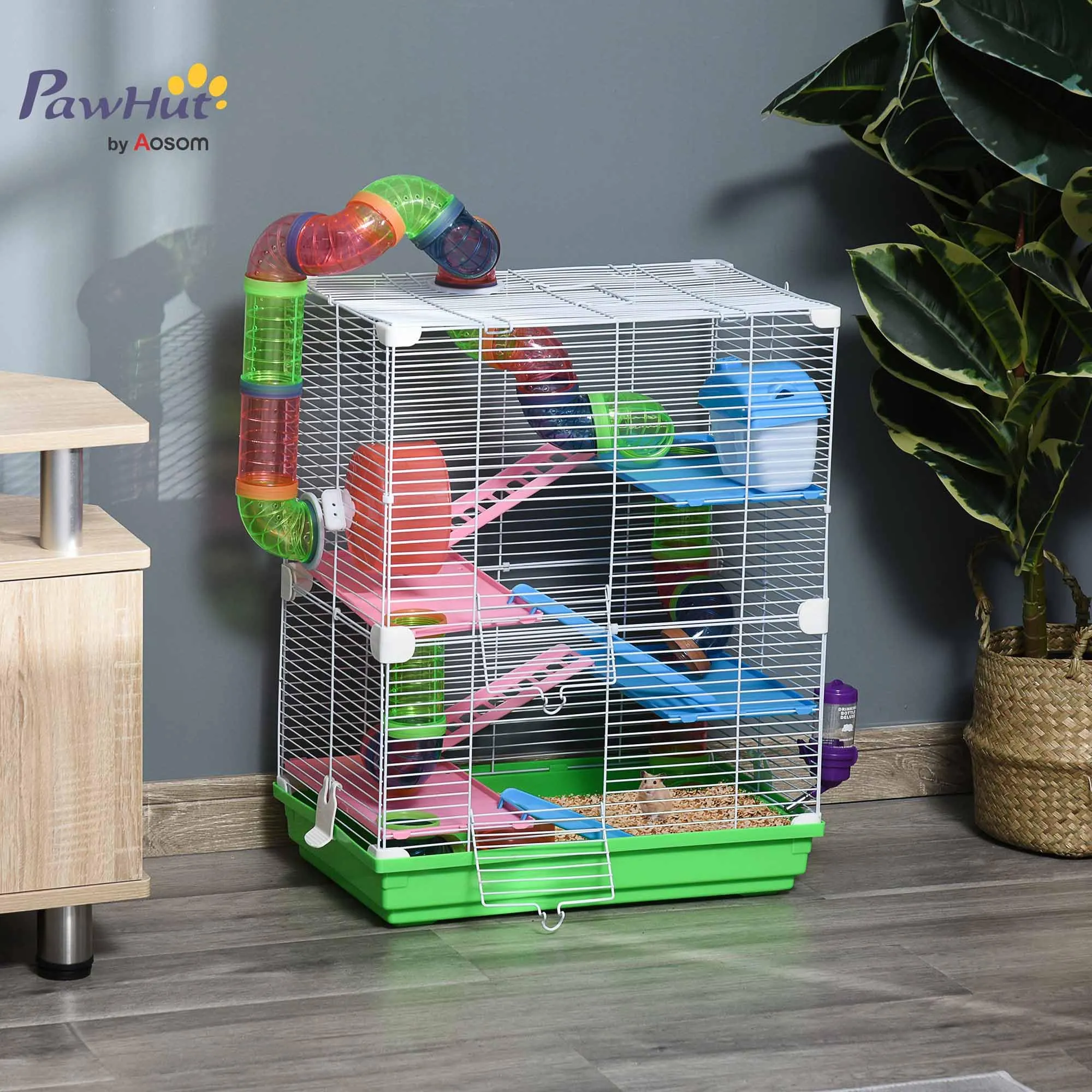 PawHut Gabbia per Criceti a 5 Livelli con Tubi e Ruota, 46x30x58 cm, Verde - immagine 2