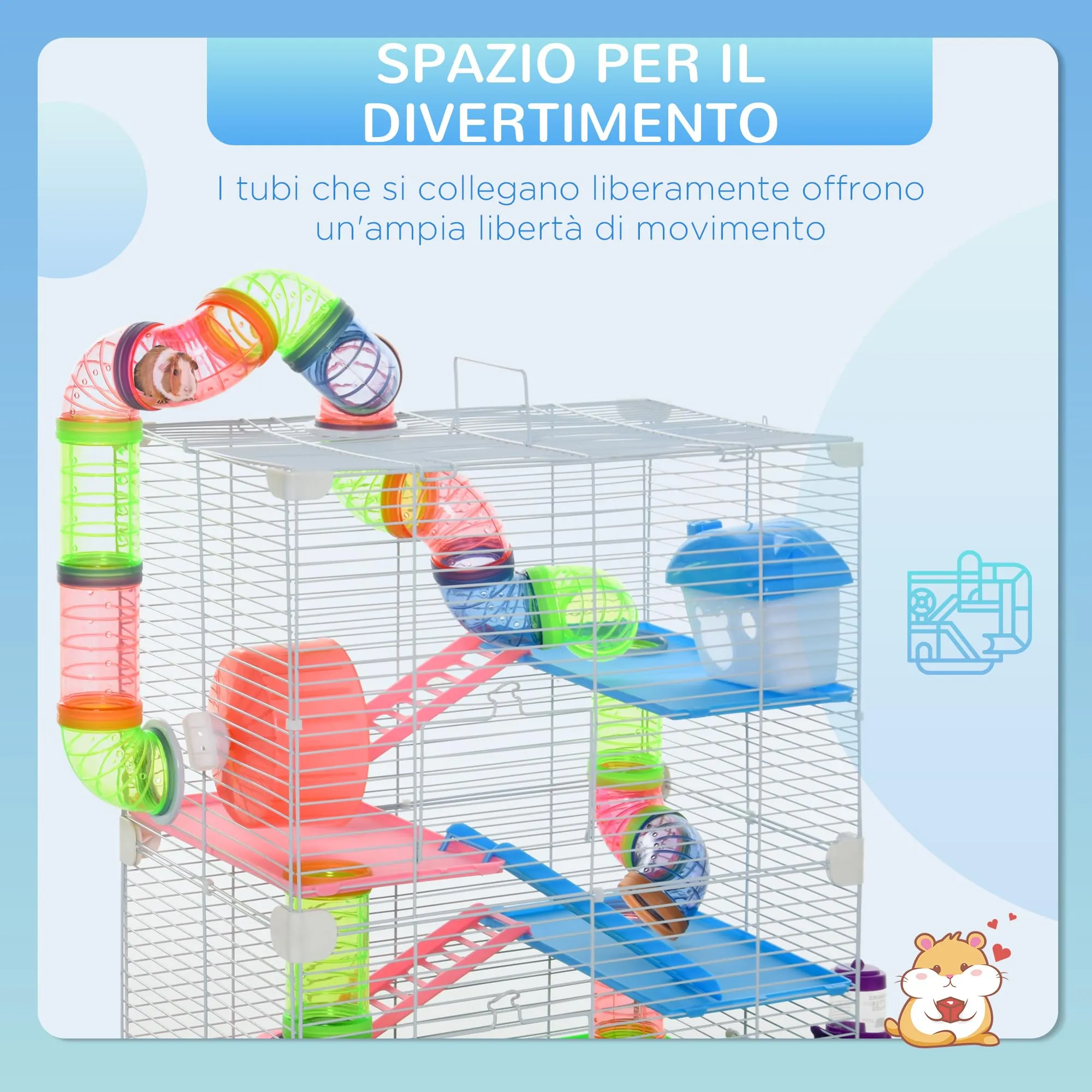 PawHut Gabbia per Criceti a 5 Livelli con Tubi e Ruota, 46x30x58 cm, Verde - immagine 3
