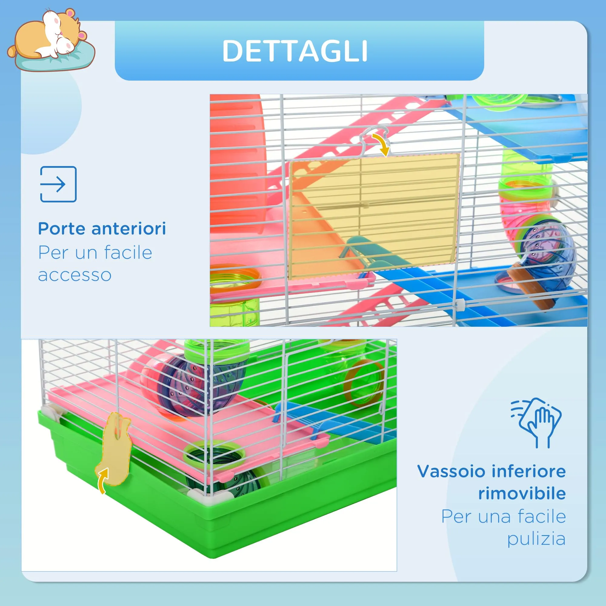 PawHut Gabbia per Criceti a 5 Livelli con Tubi e Ruota, 46x30x58 cm, Verde - immagine 6