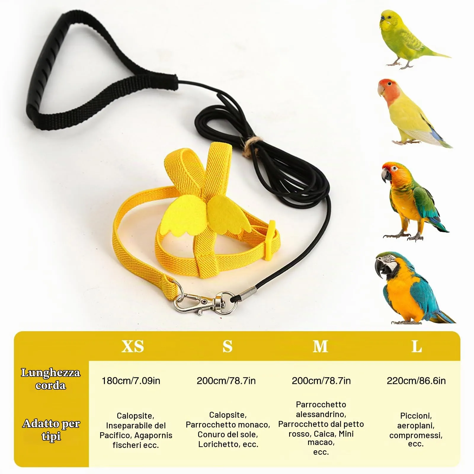 Winmany Imbracatura Regolabile per Pappagallo e Uccelli con Guinzaglio Elastico Anti-morso, Giallo, XS - immagine 2