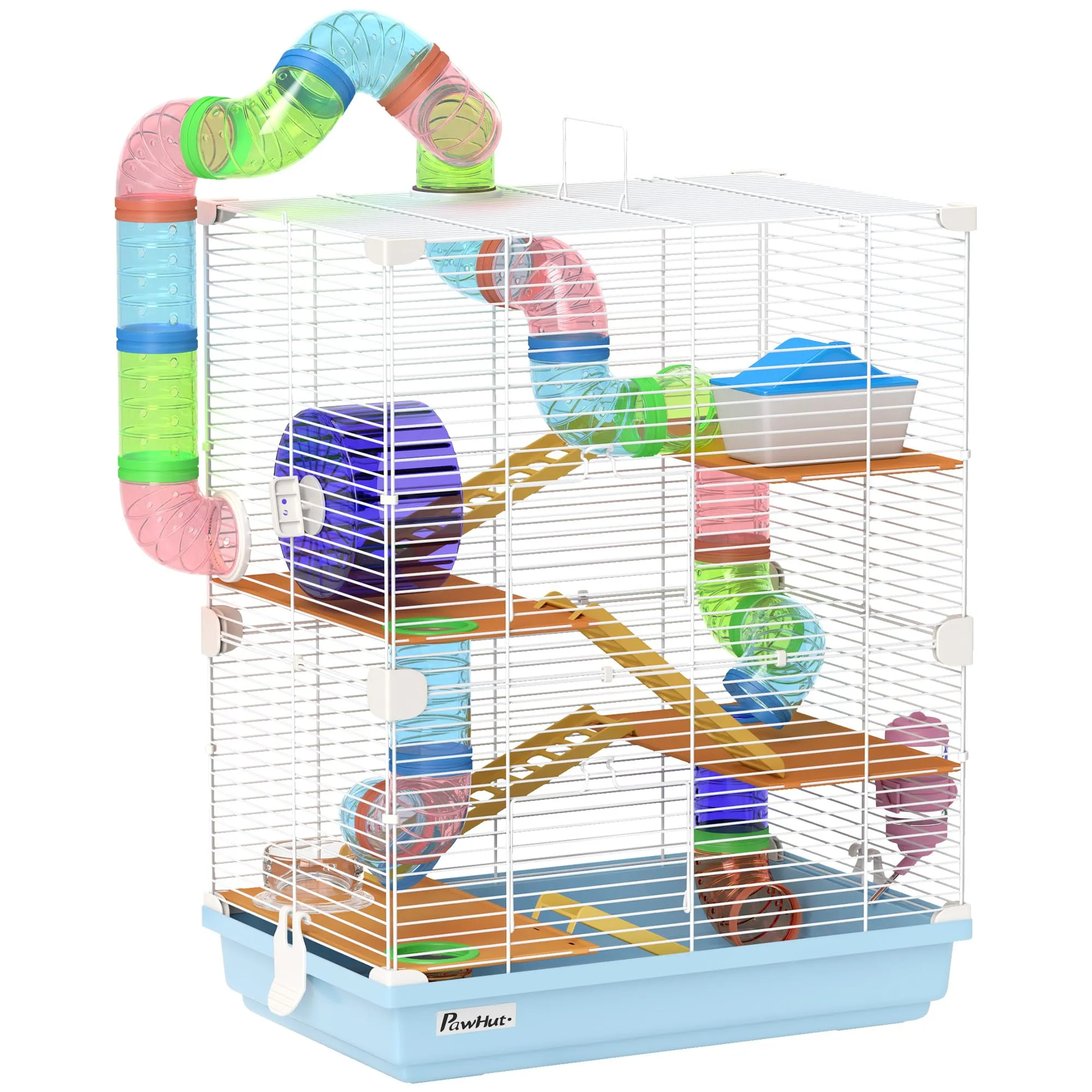 PawHut Gabbia per Criceti a 5 Livelli con Tubi e Ruota, 46x30x58 cm, Blu - immagine 1