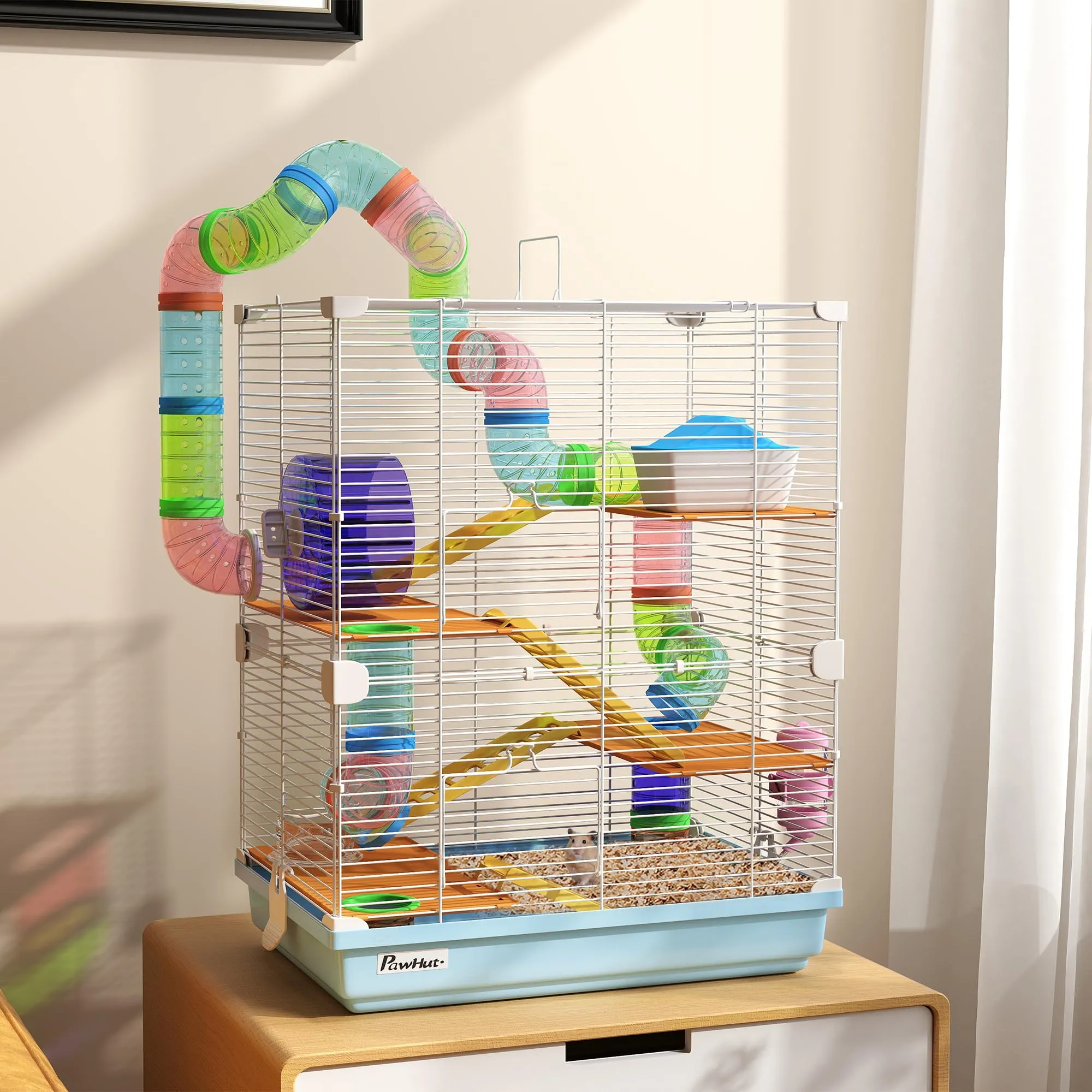 PawHut Gabbia per Criceti a 5 Livelli con Tubi e Ruota, 46x30x58 cm, Blu - immagine 2