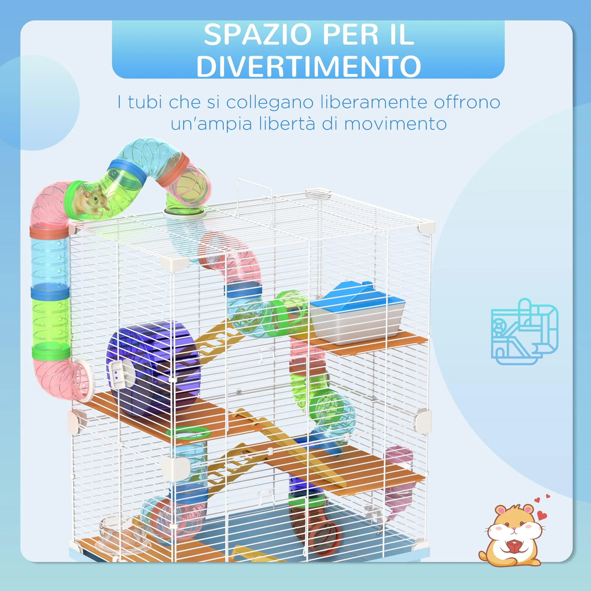 PawHut Gabbia per Criceti a 5 Livelli con Tubi e Ruota, 46x30x58 cm, Blu - immagine 3