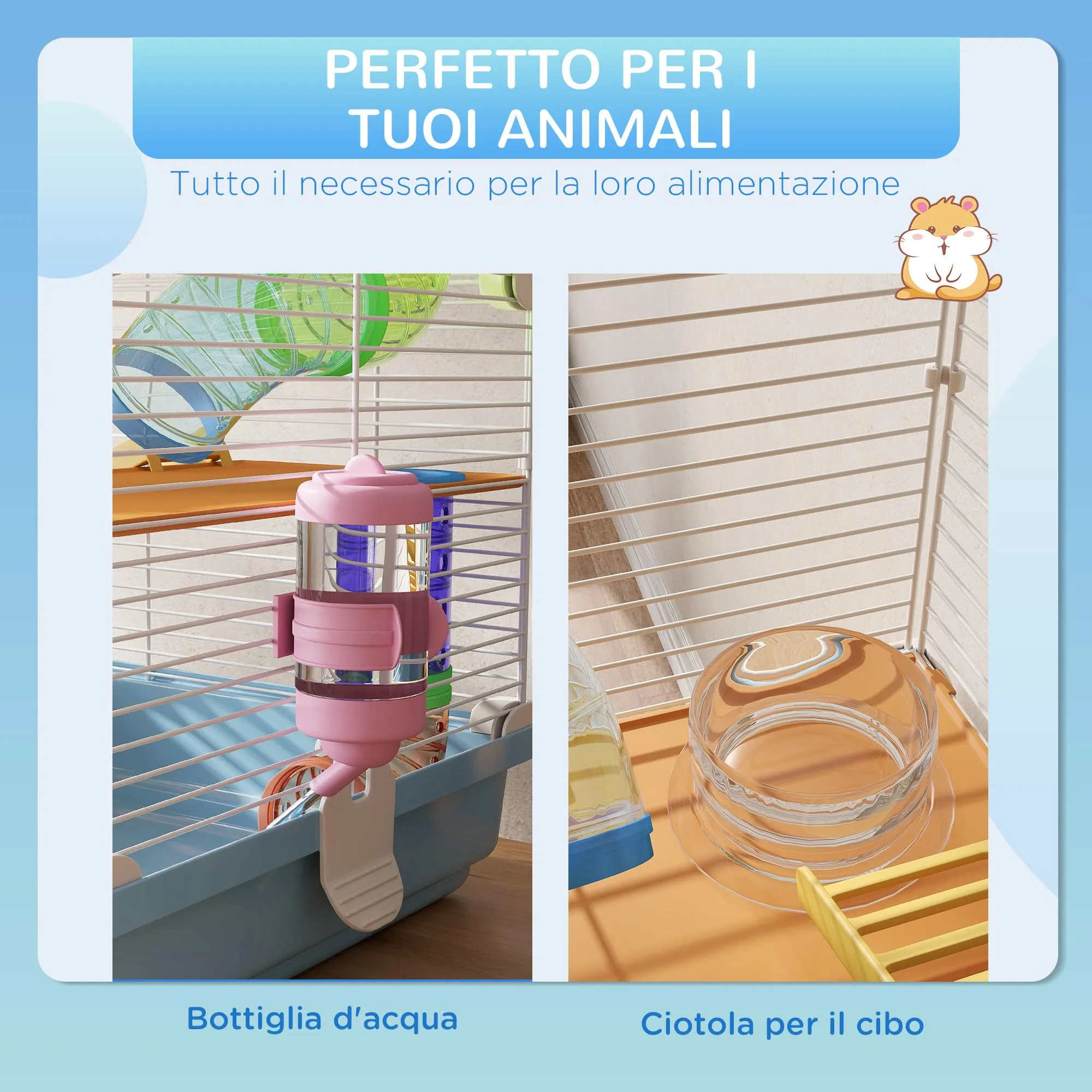 PawHut Gabbia per Criceti a 5 Livelli con Tubi e Ruota, 46x30x58 cm, Blu - immagine 4