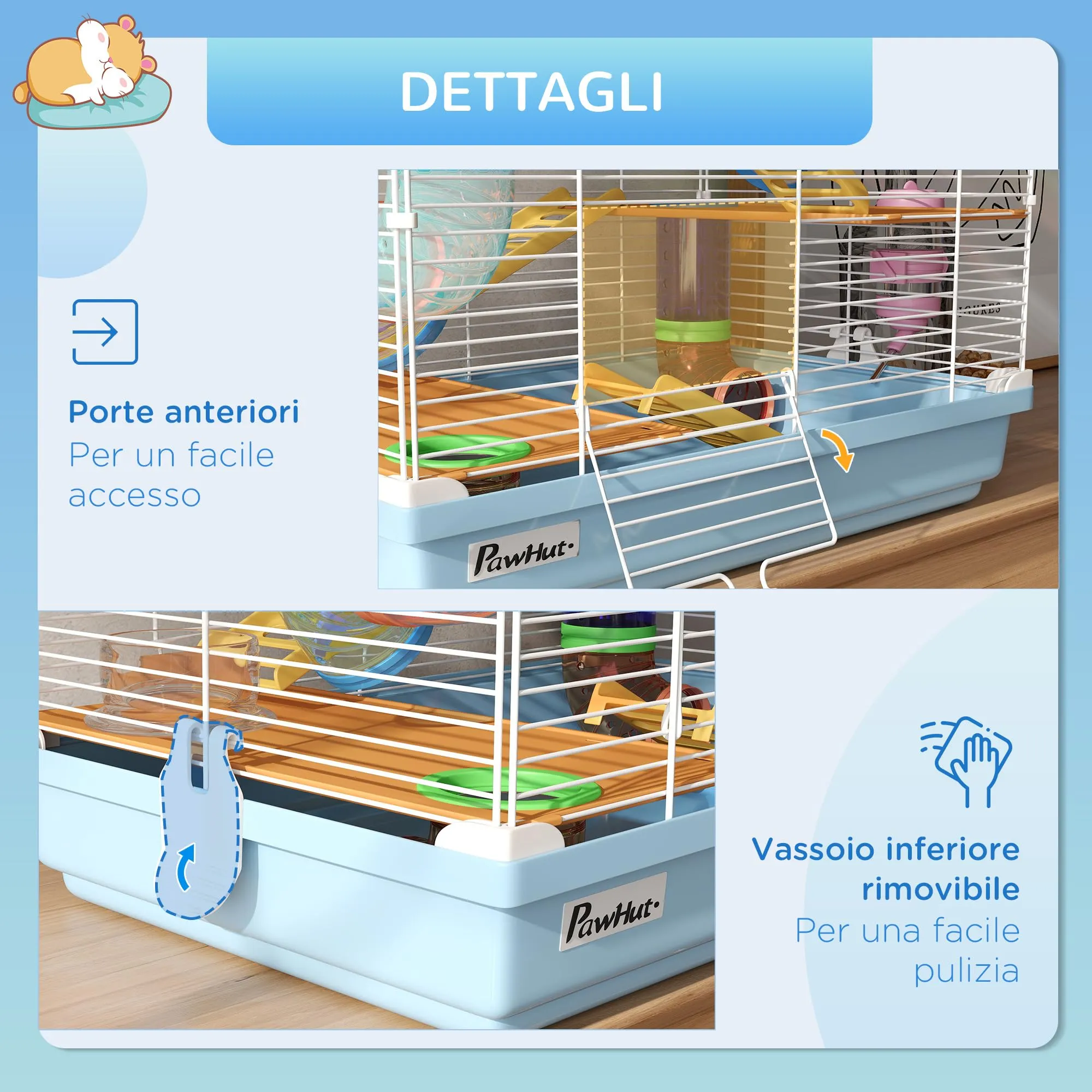 PawHut Gabbia per Criceti a 5 Livelli con Tubi e Ruota, 46x30x58 cm, Blu - immagine 6