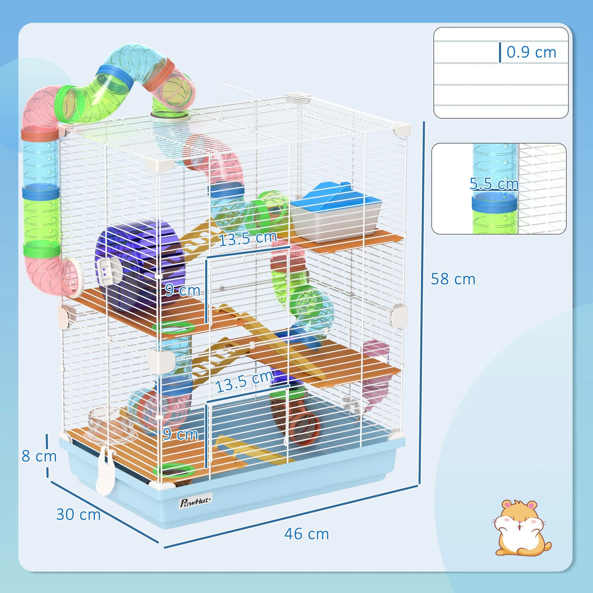 PawHut Gabbia per Criceti a 5 Livelli con Tubi e Ruota, 46x30x58 cm, Blu - immagine 7