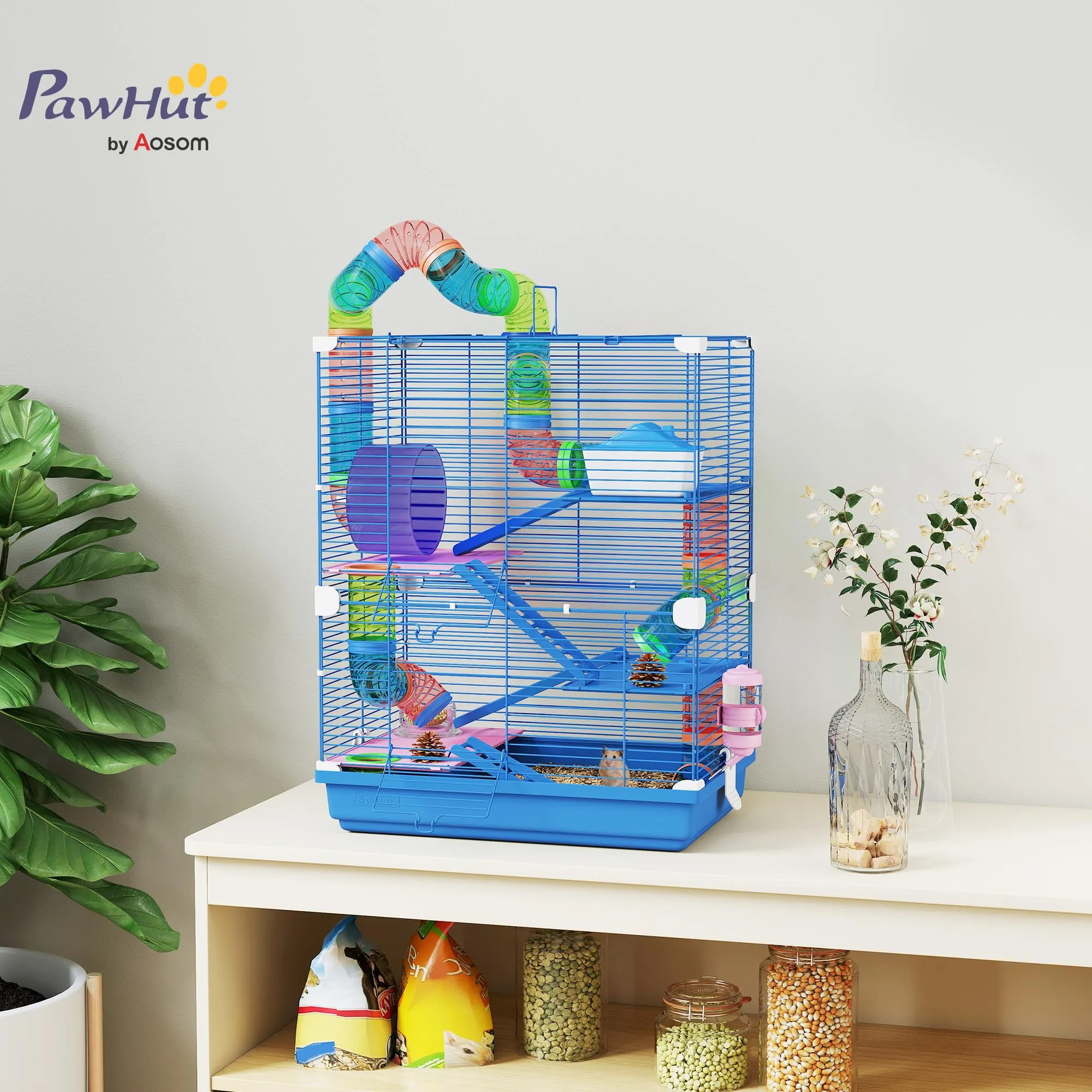PawHut Gabbia per Criceti a 5 Livelli con Tubi e Ruota, 46x30x58 cm, Blu Scuro - immagine 2