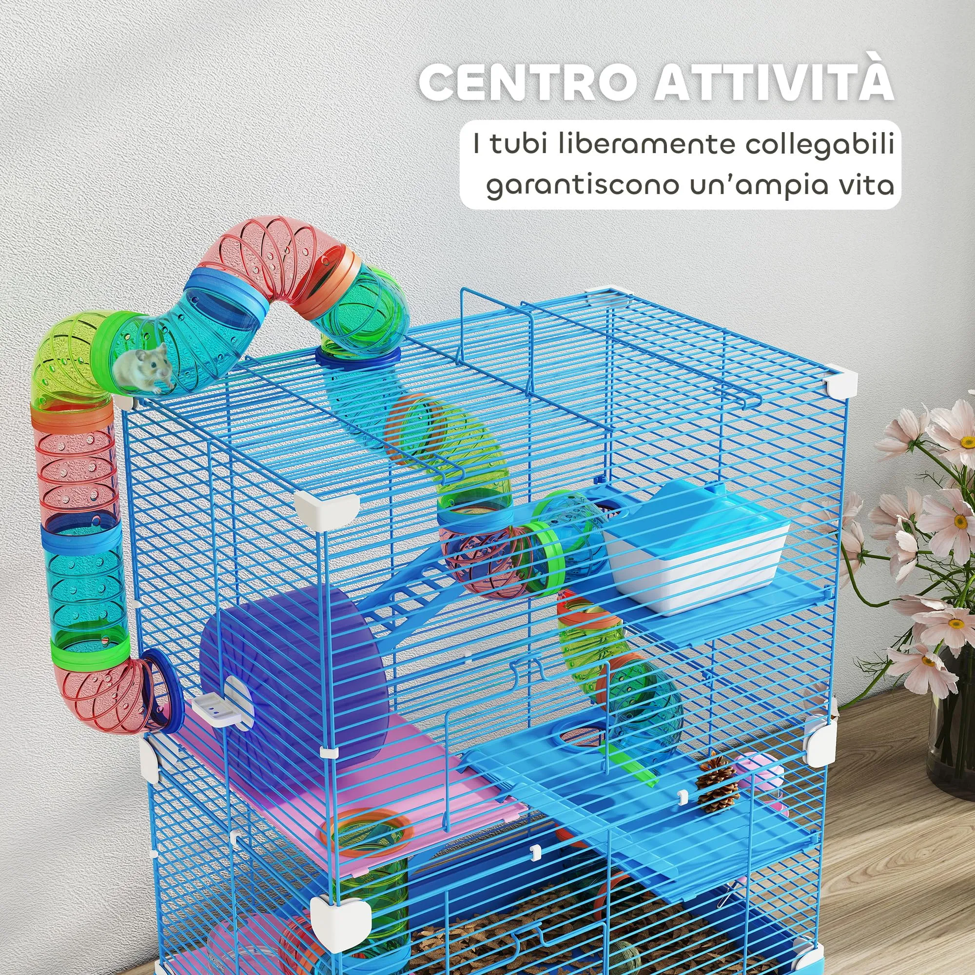 PawHut Gabbia per Criceti a 5 Livelli con Tubi e Ruota, 46x30x58 cm, Blu Scuro - immagine 3
