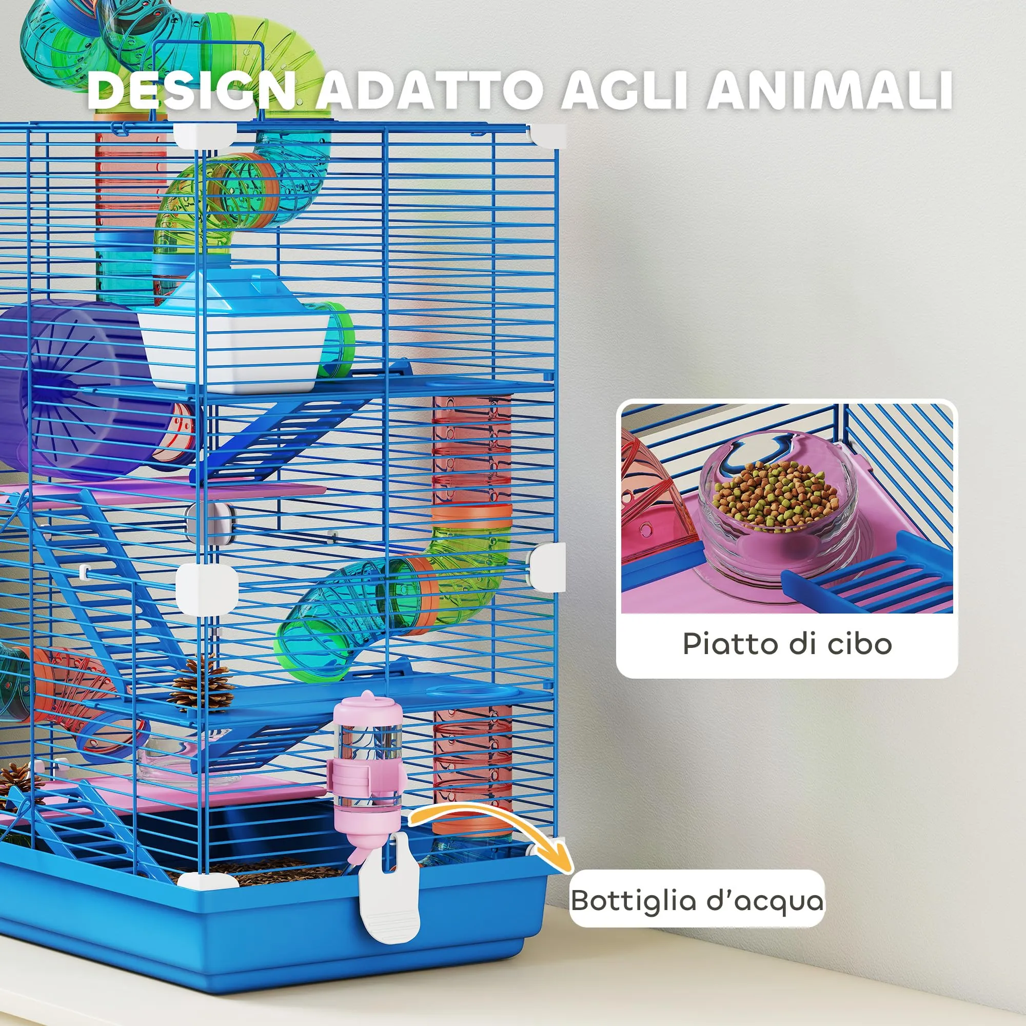 PawHut Gabbia per Criceti a 5 Livelli con Tubi e Ruota, 46x30x58 cm, Blu Scuro - immagine 4