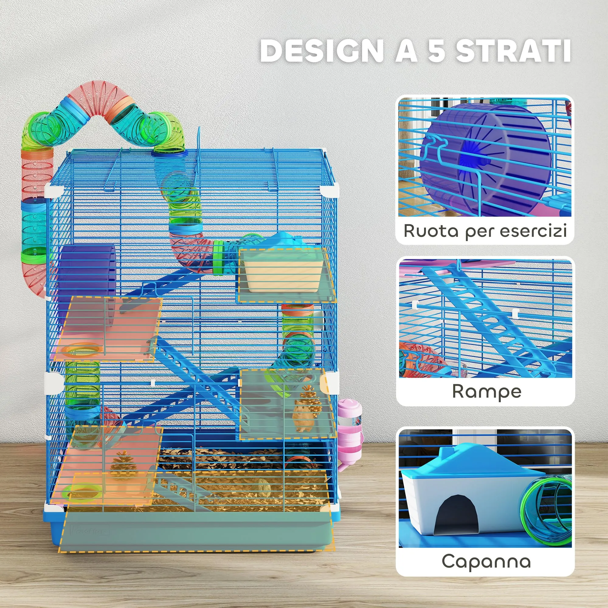 PawHut Gabbia per Criceti a 5 Livelli con Tubi e Ruota, 46x30x58 cm, Blu Scuro - immagine 5