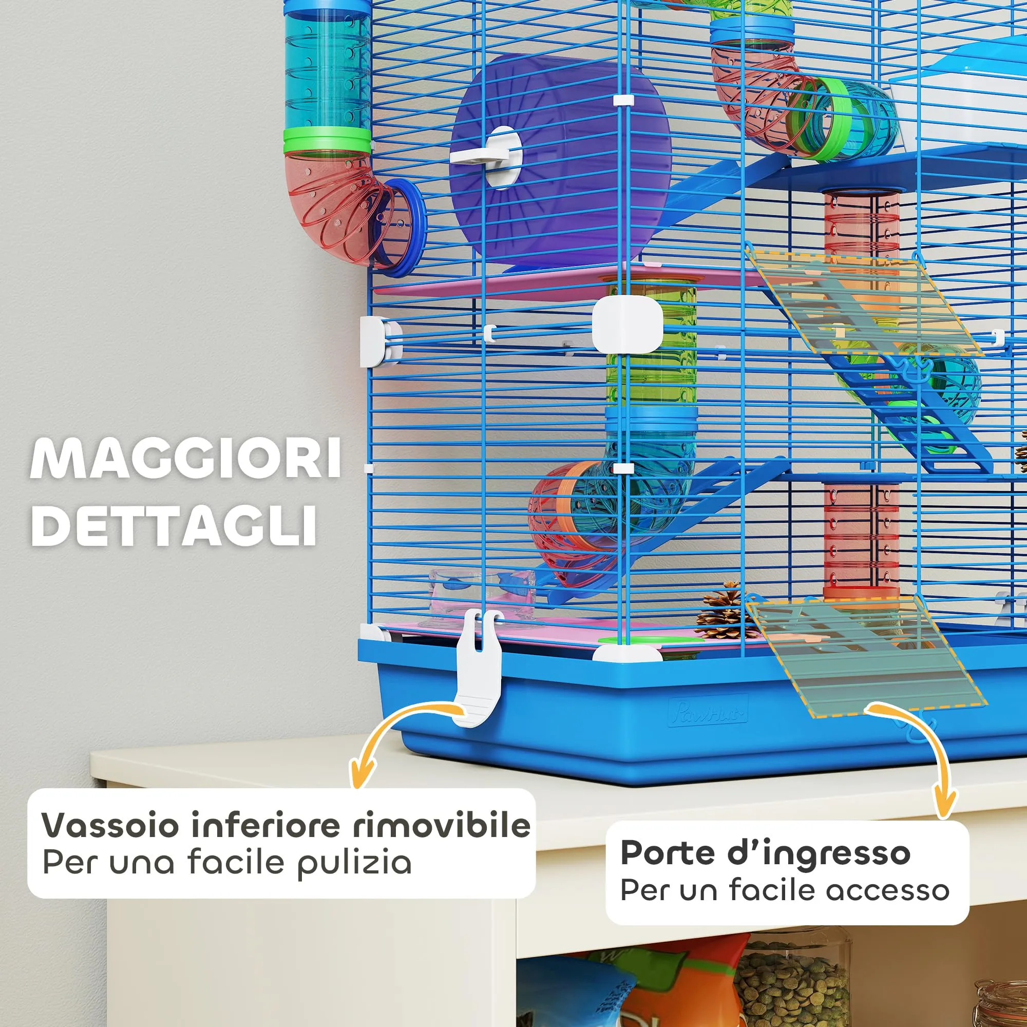 PawHut Gabbia per Criceti a 5 Livelli con Tubi e Ruota, 46x30x58 cm, Blu Scuro - immagine 6