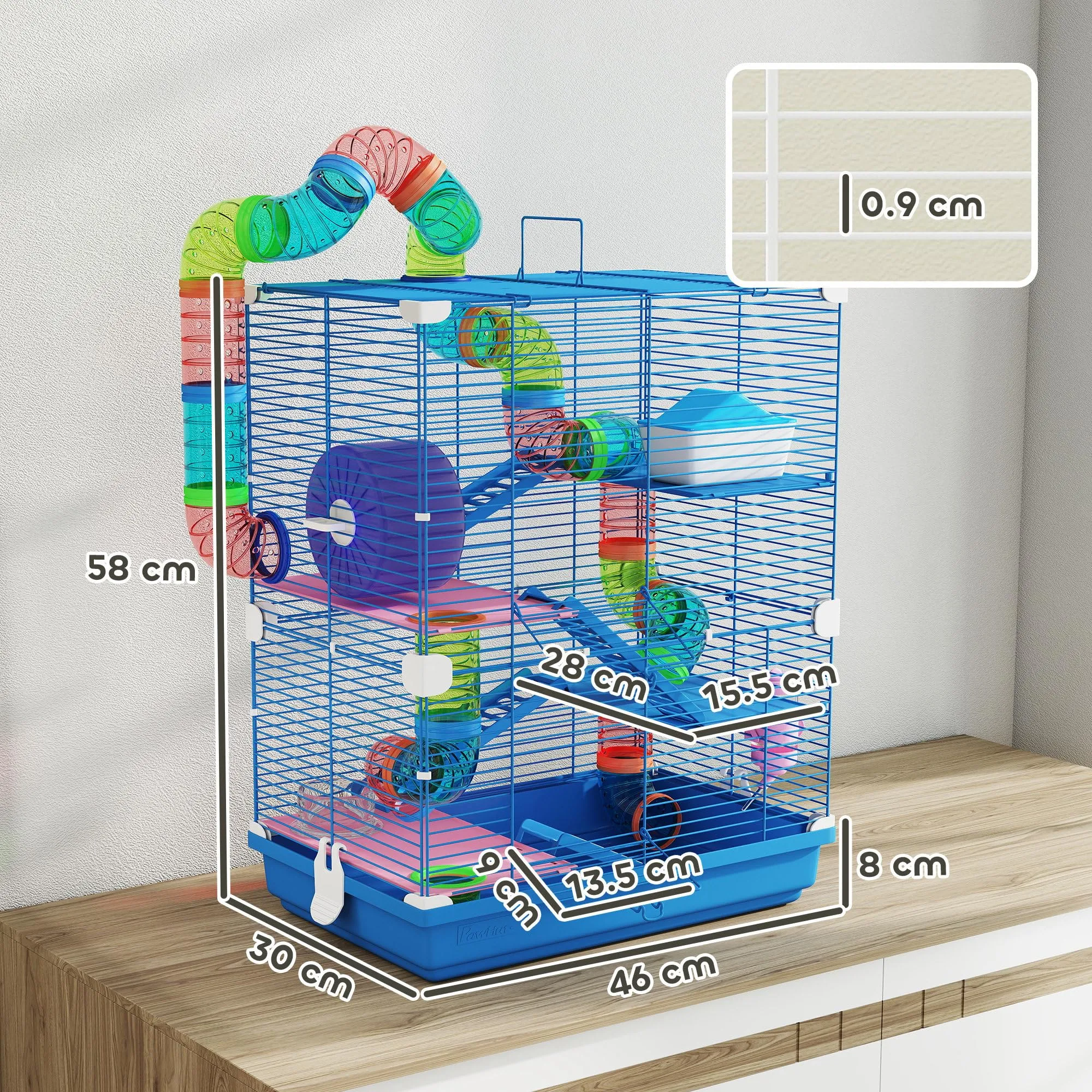 PawHut Gabbia per Criceti a 5 Livelli con Tubi e Ruota, 46x30x58 cm, Blu Scuro - immagine 7