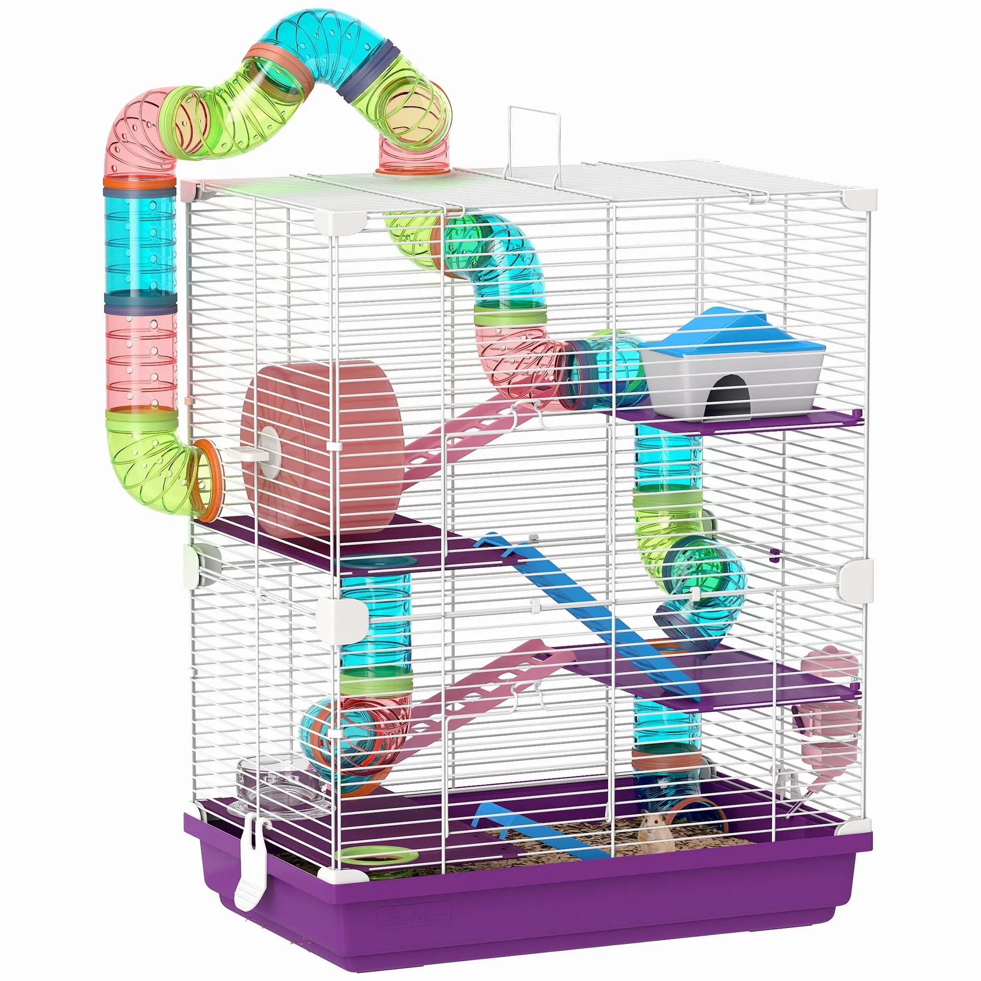 PawHut Gabbia per Criceti a 5 Livelli con Tubi e Ruota, 46x30x58 cm, Viola - immagine 1