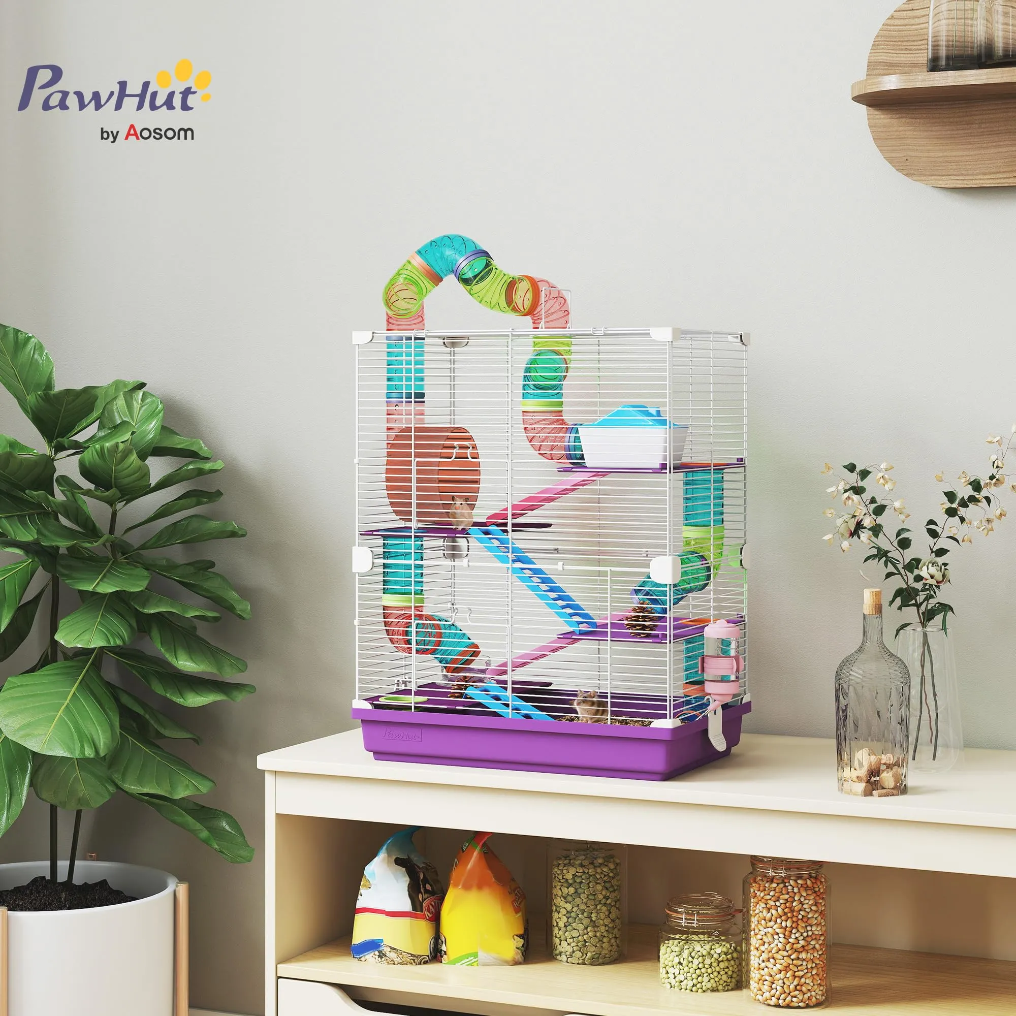 PawHut Gabbia per Criceti a 5 Livelli con Tubi e Ruota, 46x30x58 cm, Viola - immagine 2