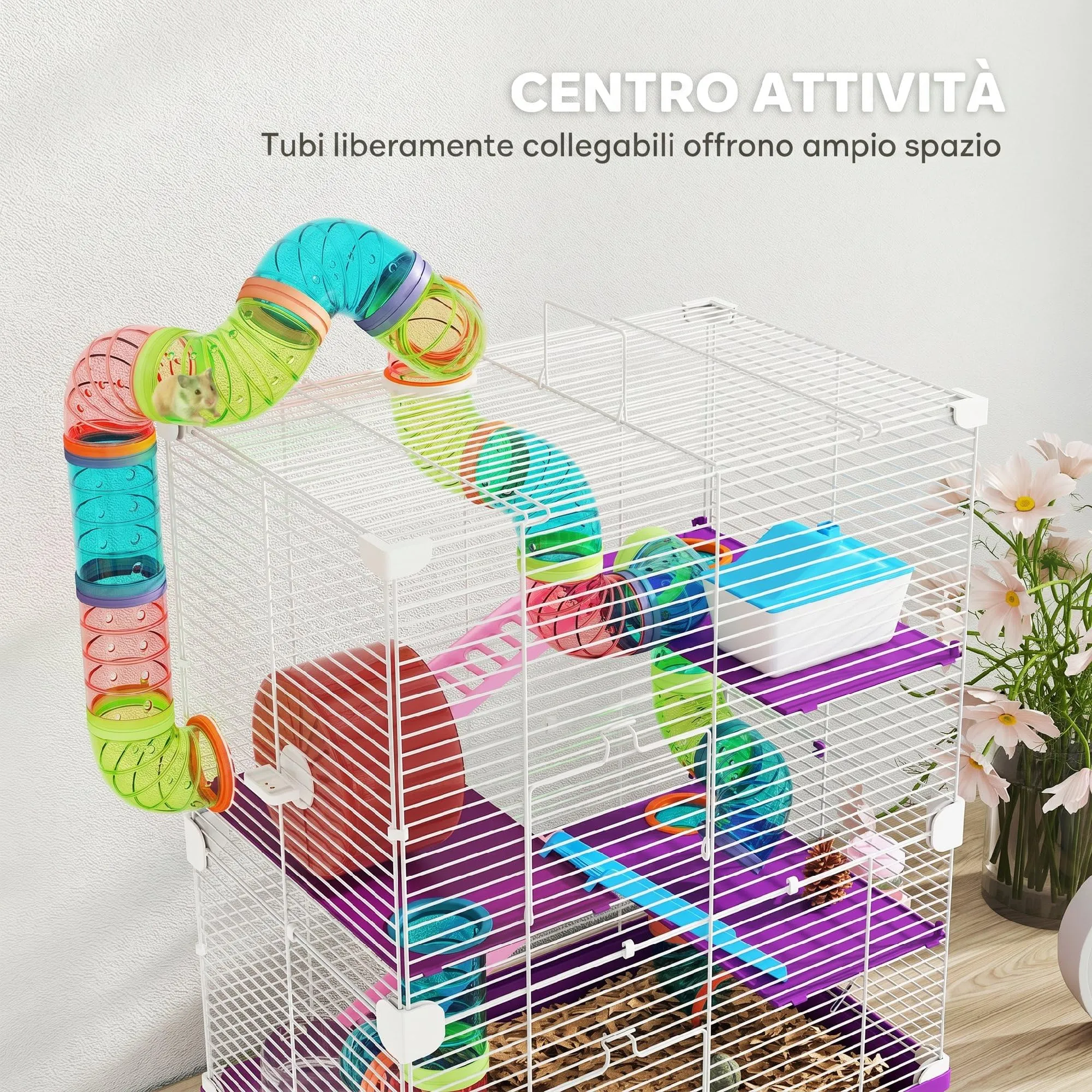 PawHut Gabbia per Criceti a 5 Livelli con Tubi e Ruota, 46x30x58 cm, Viola - immagine 3