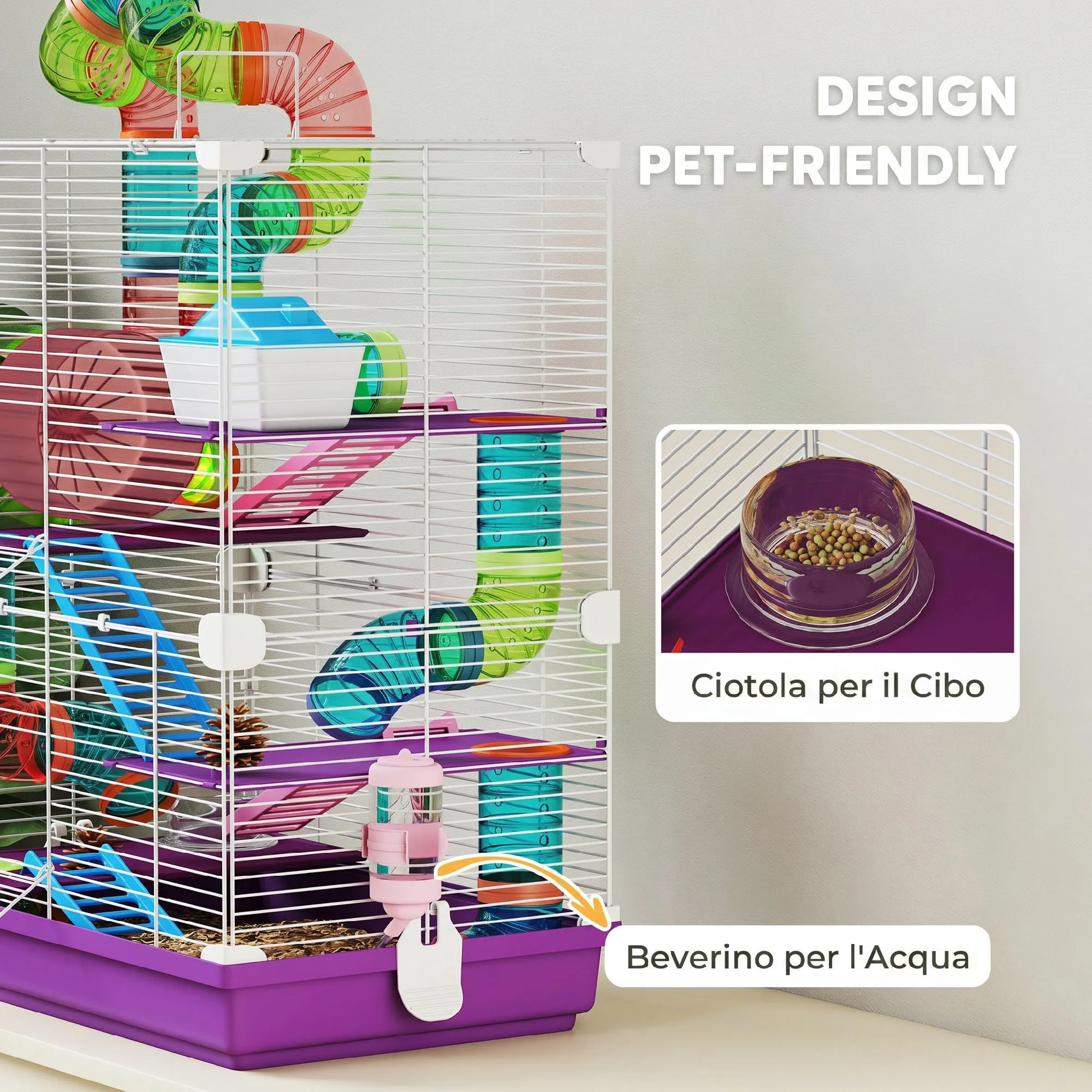 PawHut Gabbia per Criceti a 5 Livelli con Tubi e Ruota, 46x30x58 cm, Viola - immagine 4