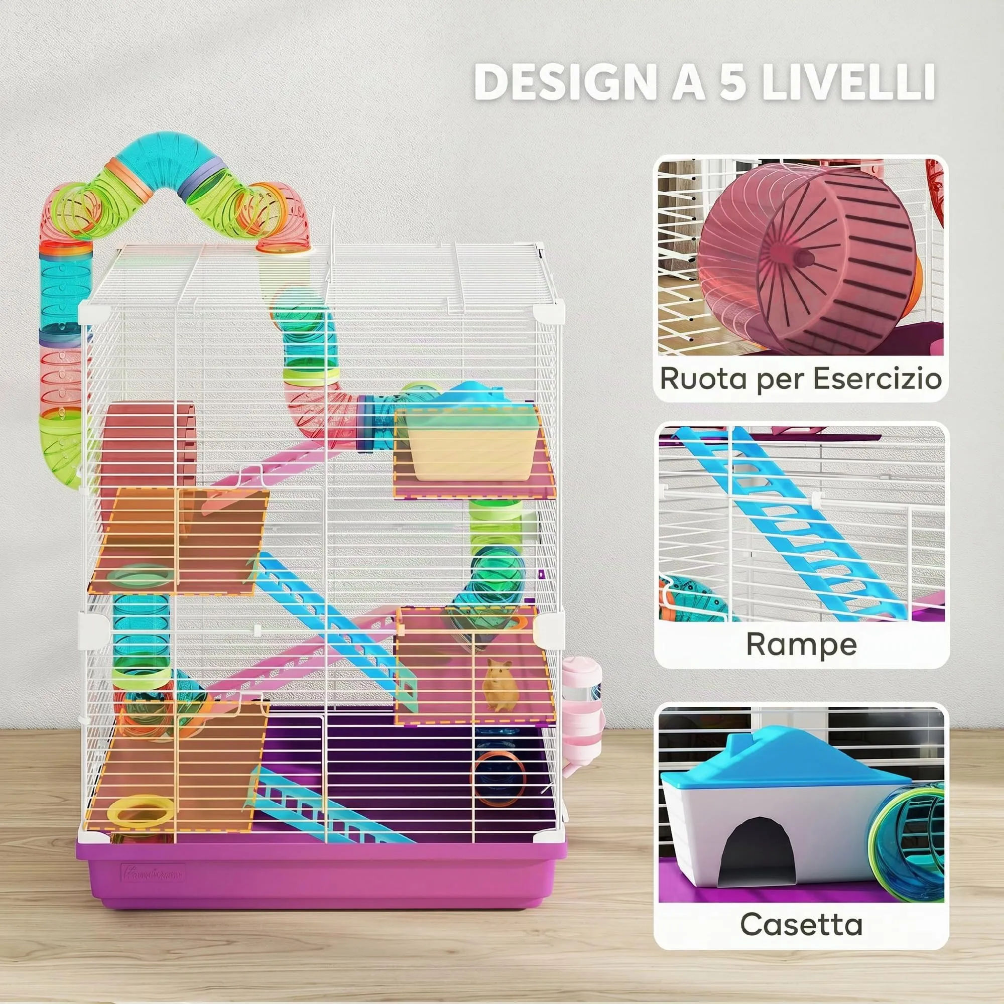 PawHut Gabbia per Criceti a 5 Livelli con Tubi e Ruota, 46x30x58 cm, Viola - immagine 5
