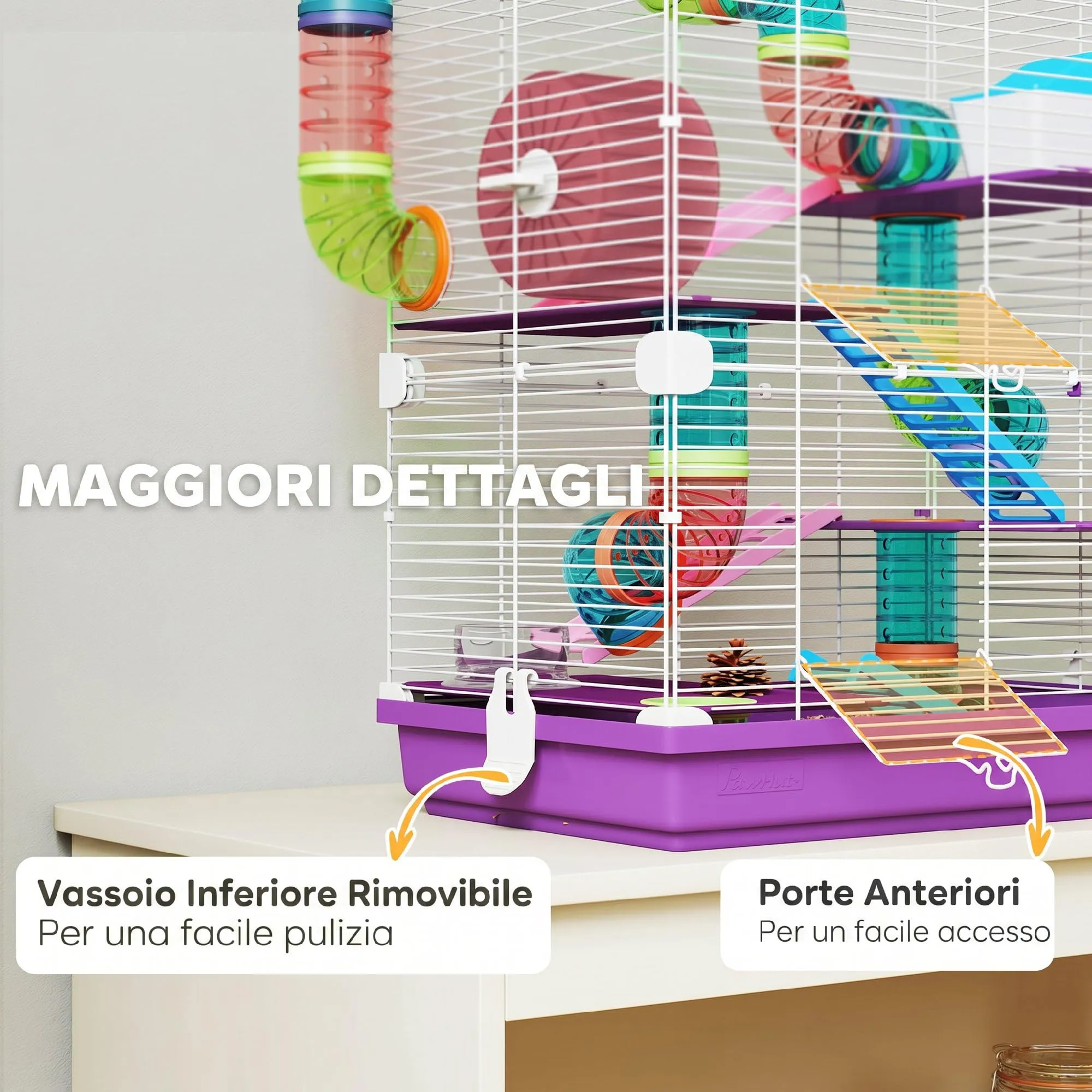 PawHut Gabbia per Criceti a 5 Livelli con Tubi e Ruota, 46x30x58 cm, Viola - immagine 6